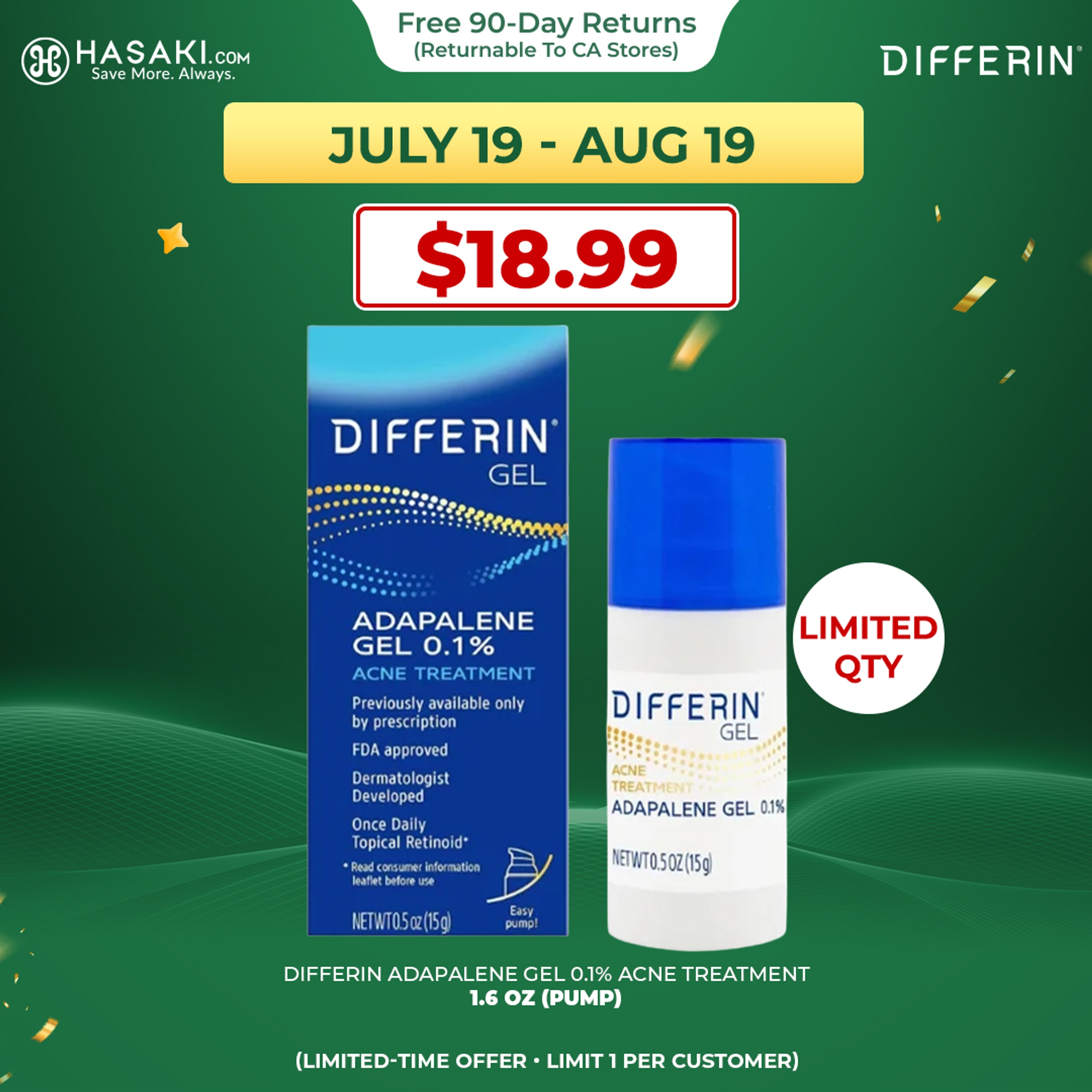 Differin Adapalene Gel 1.6 oz (Pump) - Retinoid Acne Treatment for Face with 0.1% Adapalene 1