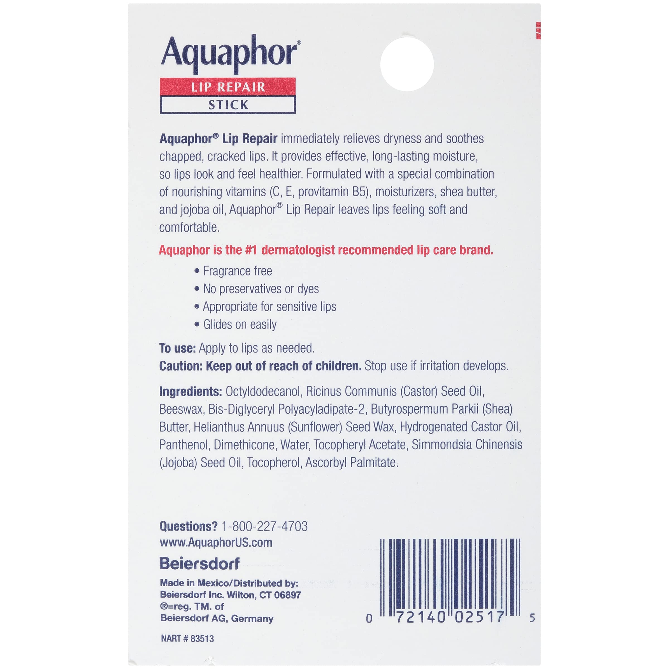 Aquaphor Lip Repair Stick with Jojoba Oil and Shea Butter, Moisturizing Lip Balms, Fragrance Free and Paraben Free, Immediately Relieves Dryness, 0.17 Oz Stick, Pack of 4 26
