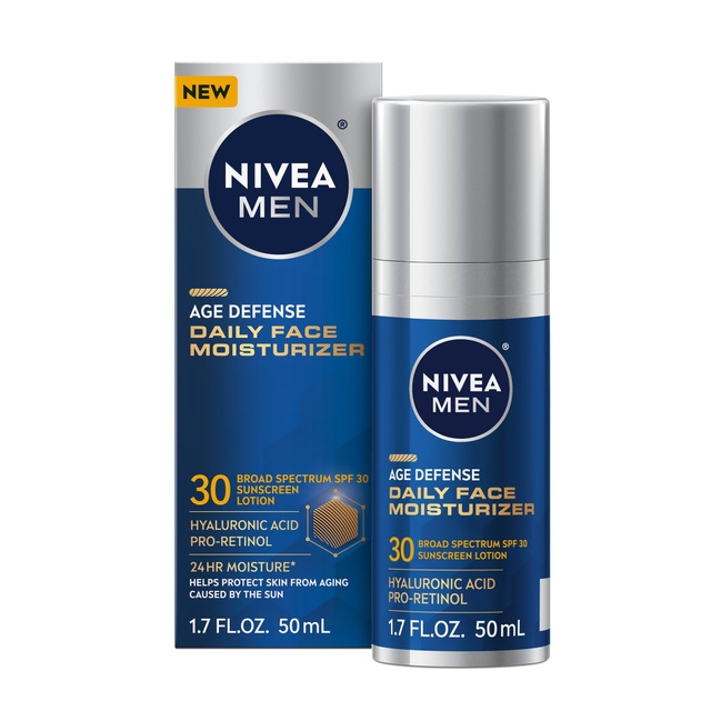 NIVEA MEN Age Defense Daily Face Moisturizer with Broad Spectrum SPF 30 Sunscreen, Pro-Retinol and Hyaluronic Acid, Beard-Friendly Face Lotion Helps Defend Against UVA/UVB Rays, 1.7 Fl Oz Bottle — Out of stock