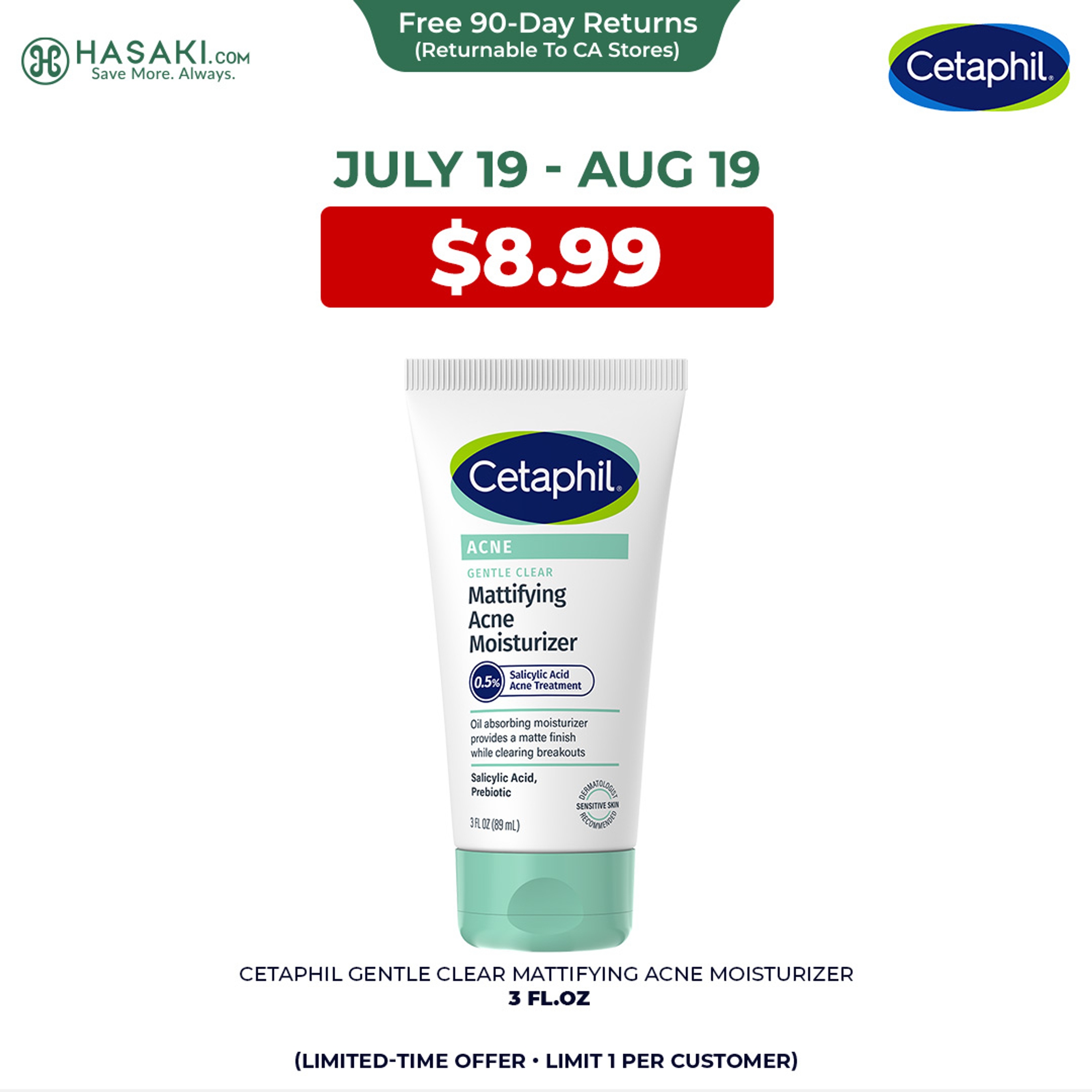 Cetaphil Gentle Clear Mattifying Acne Moisturizer 3 fl.oz - with 0.5% Salicylic Acid for Acne-Prone, Sensitive skin 1