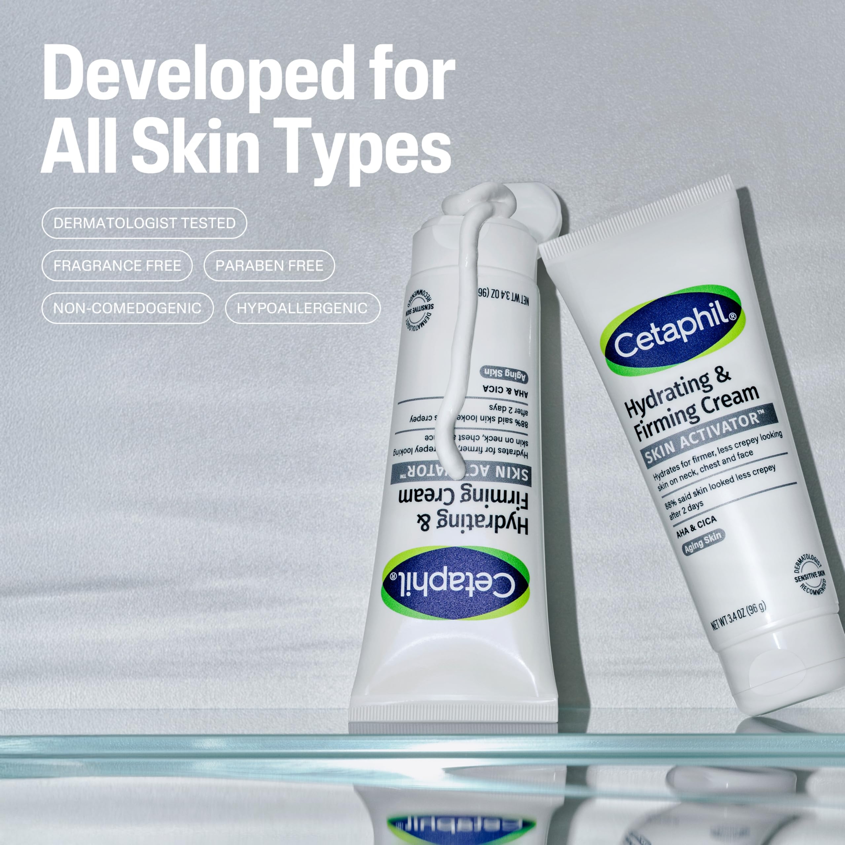 Cetaphil Skin Activator Hydrating & Firming Cream for Neck, Chest & Face 3.4 oz - Anti-Aging Moisturizer with AHA + CICA 3