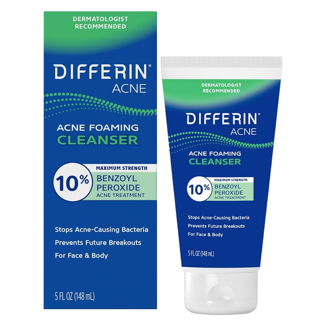 Differin Acne Foaming Cleanser 5 fl.oz - Acne Face Wash with 10% Benzoyl Peroxide for Face & Body