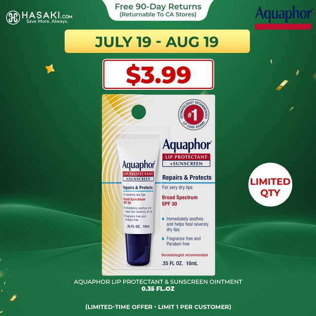 Aquaphor Lip Protectant & Sunscreen Ointment 0.35 fl.oz - Broad Spectrum SPF 30, Relieves Chapped Lips