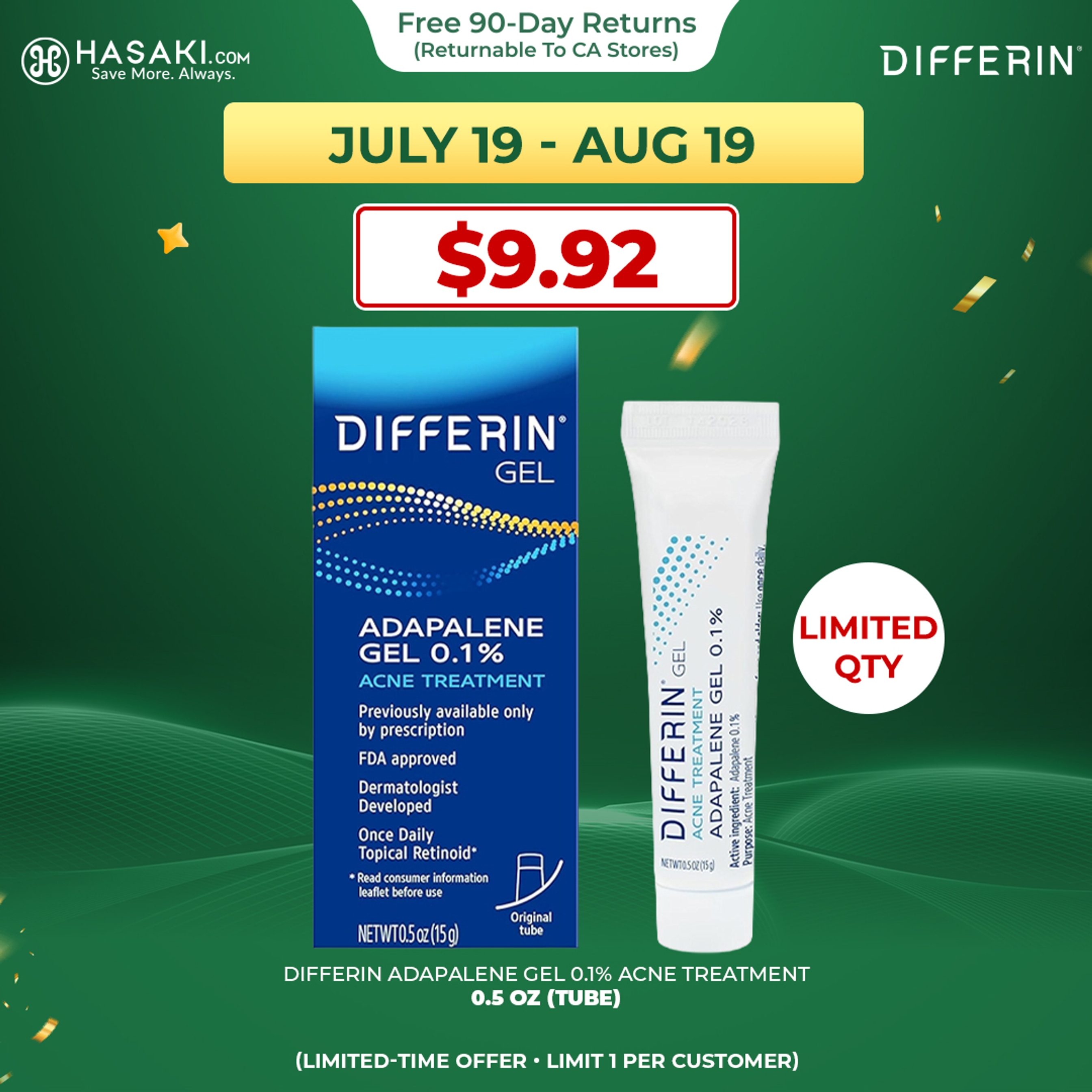 Differin Adapalene Gel 0.5 oz (Tube) - Retinoid Acne Treatment for Face with 0.1% Adapalene 1