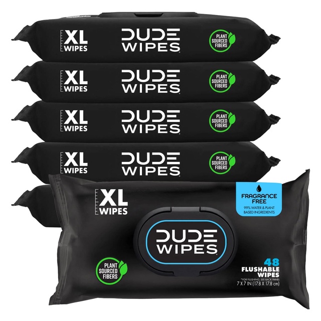 DUDE Wipes Fragrance Free Flushable Wipes 48 Count (Pack of 6) - Extra-Large Adult Wet Wipes for Sensitive Skin