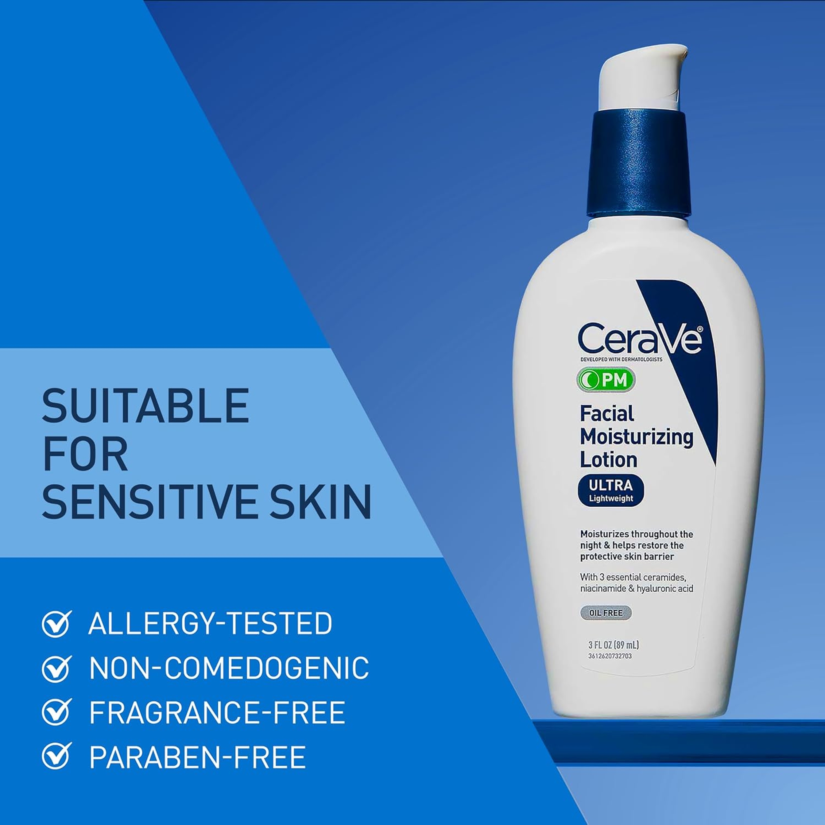 CeraVe PM Facial Moisturizing Lotion, Night Cream with Hyaluronic Acid and Niacinamide, Ultra-Lightweight, Oil-Free Moisturizer for Face, 3 Ounce 5