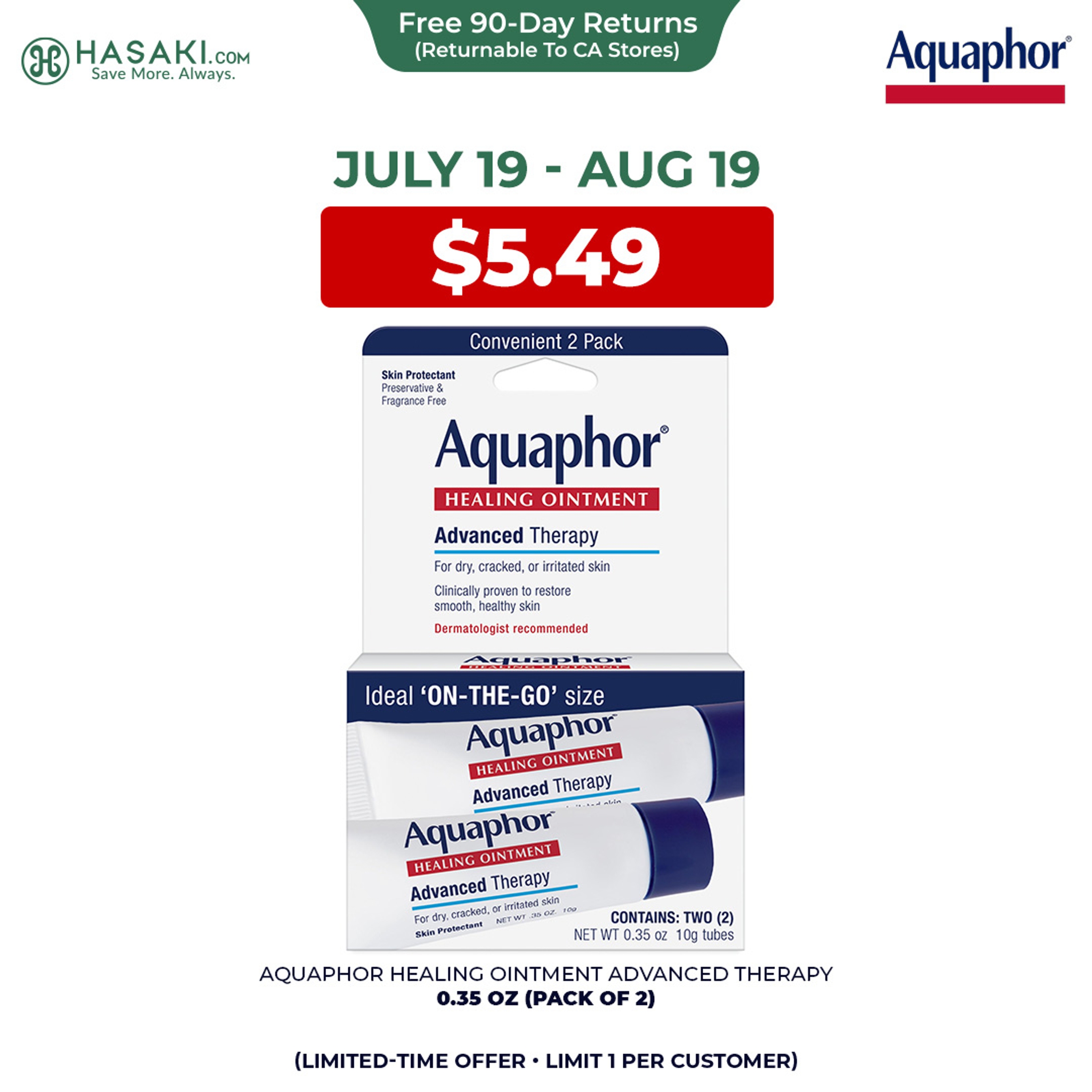 Aquaphor Healing Ointment Advanced Therapy 0.35 oz (Pack of 2) - Fragrance Free Body Moisturizer for Dry Skin 1