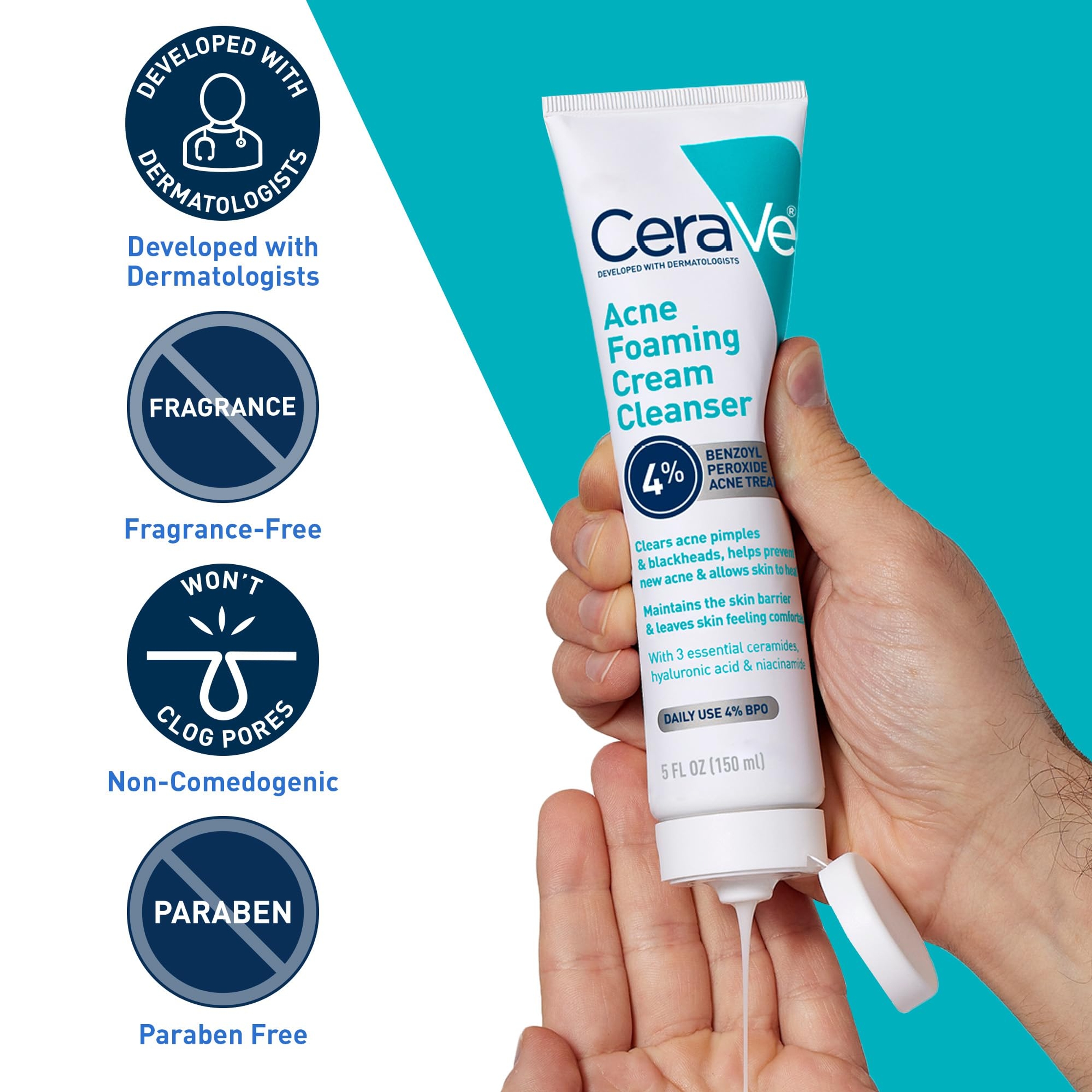 CeraVe Acne Foaming Cream Cleanser 5 fl.oz - Face Wash with 4% Benzoyl Peroxide Helps Clear Acne & Blackheads 6