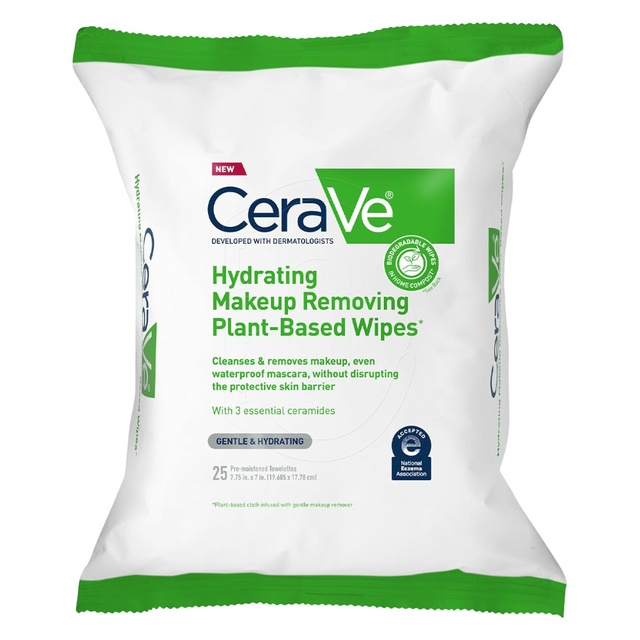 CeraVe Makeup Remover Wipes, Plant Based Face Wipes, Biodegradable in Compost, Waterless Face Wash, Travel Essentials for Women, Suitable for Sensitive Skin, Fragrance-free + Non-comedogenic, 25ct