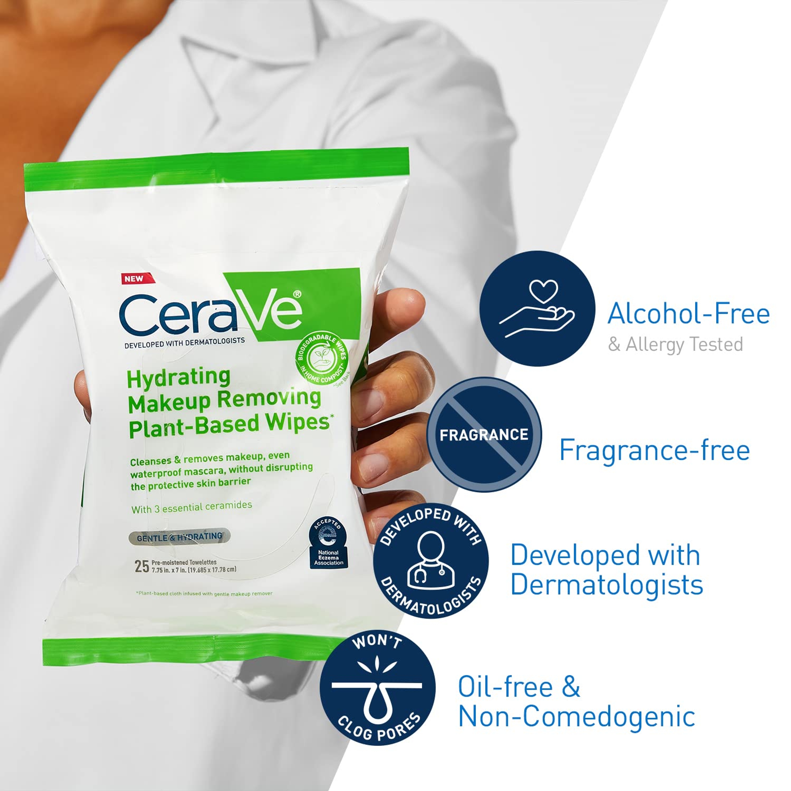 CeraVe Makeup Remover Wipes, Plant Based Face Wipes, Biodegradable in Compost, Waterless Face Wash, Travel Essentials for Women, Suitable for Sensitive Skin, Fragrance-free + Non-comedogenic, 25ct 4