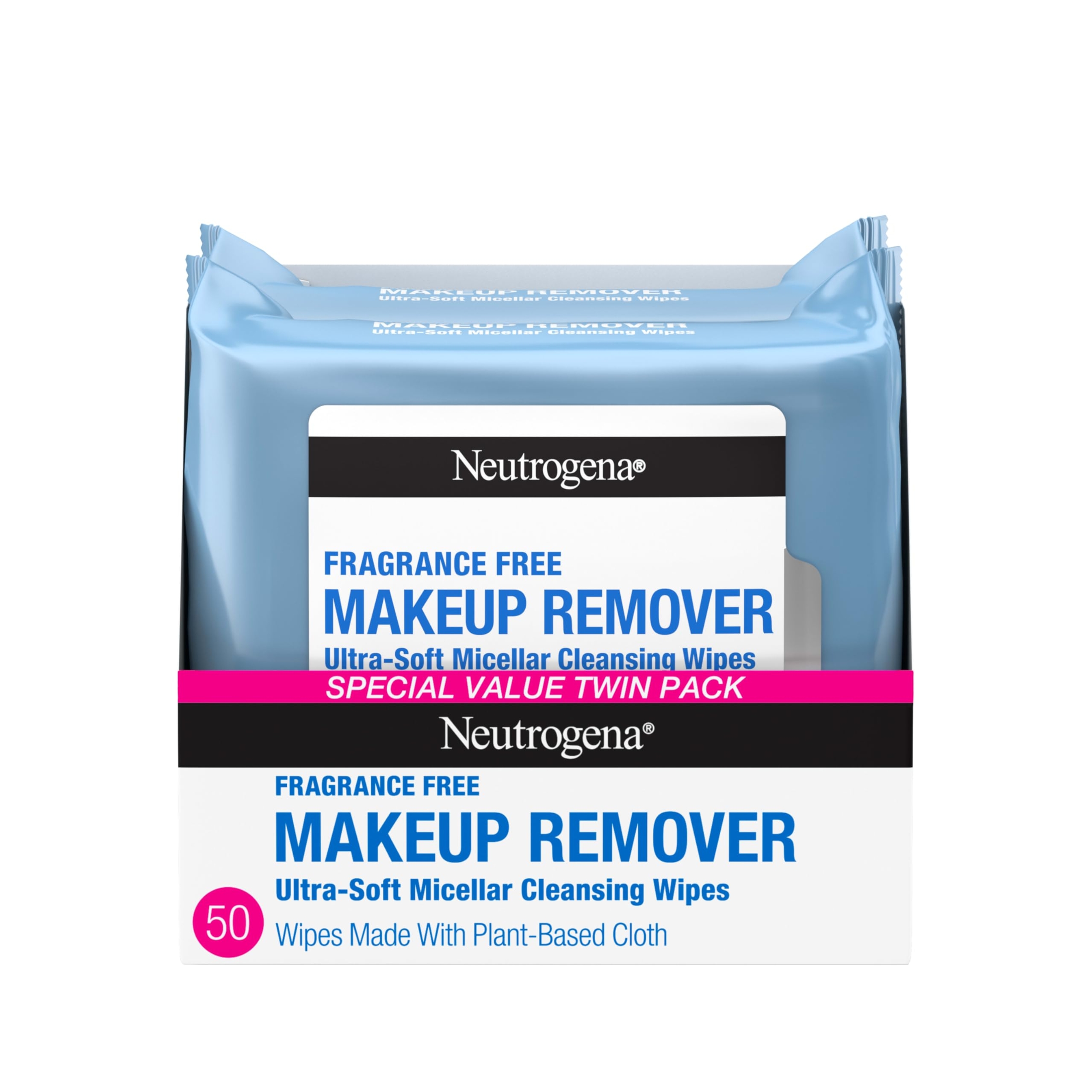 Neutrogena Makeup Remover Wipes for Face Daily Fragrance Free Gently Removes Oil Dirt and Waterproof Makeup in a Simple Fully Plant-Based Cloth, 2 pack of 25 ct 1