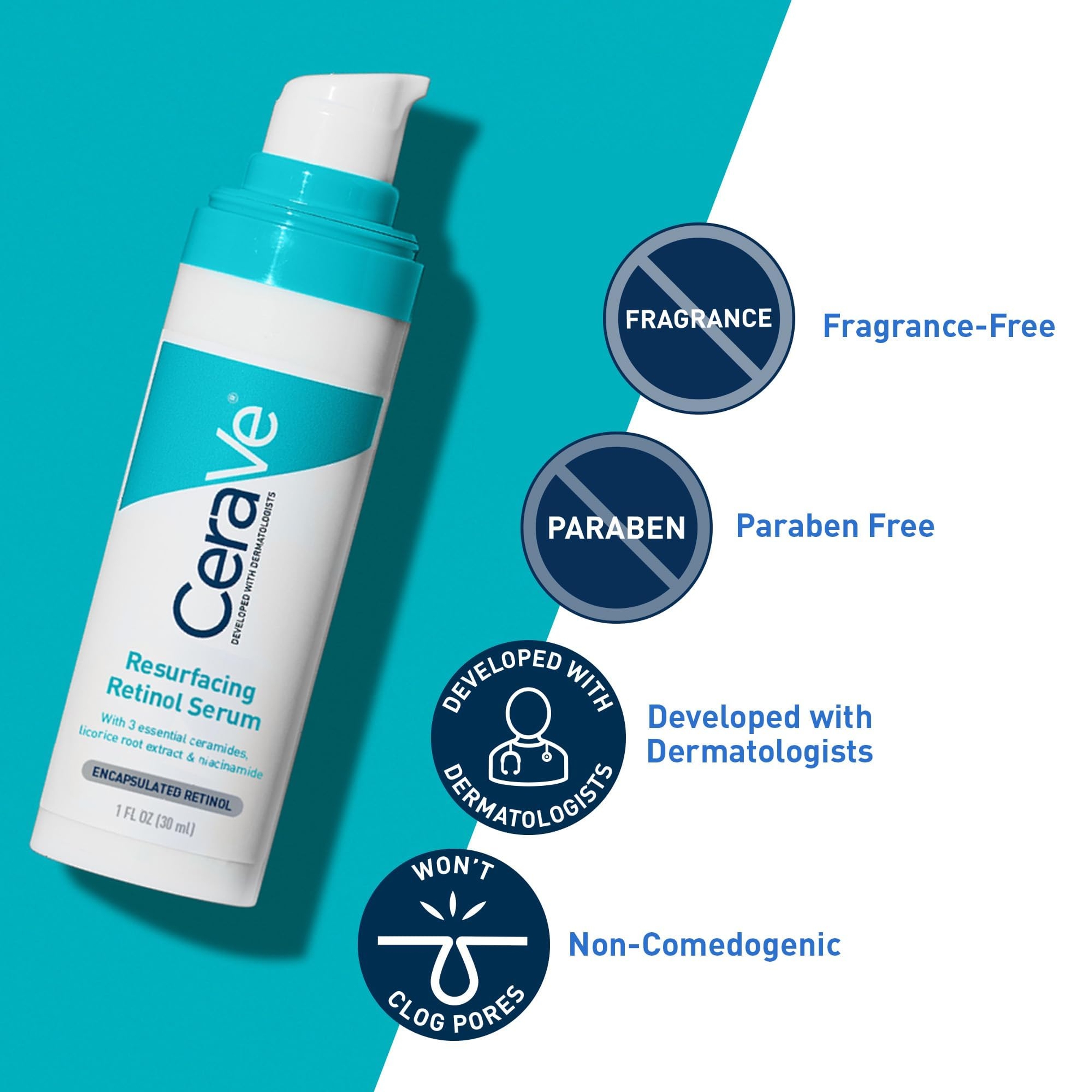 CeraVe Resurfacing Retinol Serum For Post Acne Marks, Formulated With Licorice Root Extract & Niacinamide, Brightening Serum & Pore Minimizer For Face, Post Acne Skin Barrier Repair, Non-Comedogenic 5