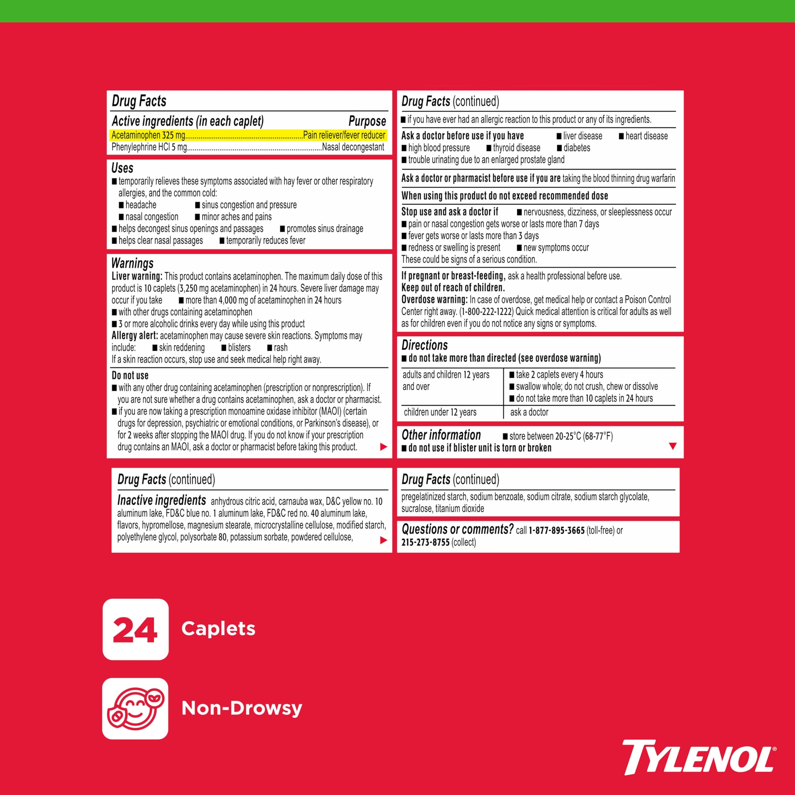 Tylenol Sinus + Headache Daytime Relief Caplets 24 Count - 325mg Acetaminophen, Nasal Decongestant & Fever Reducer 7