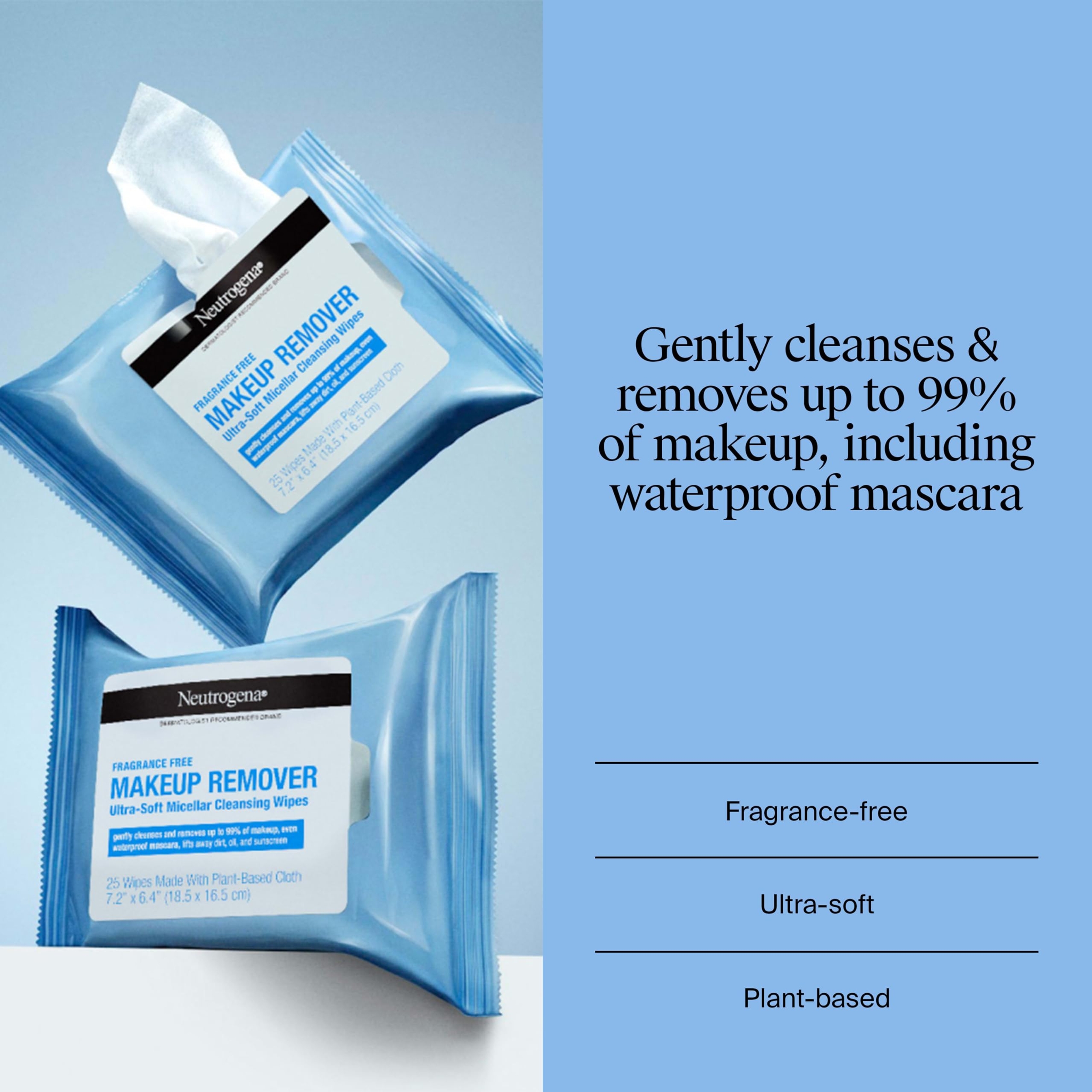 Neutrogena Makeup Remover Wipes for Face Daily, Fragrance-Free, Gently Removes Oil, Dirt, and Waterproof Makeup in a Simple Fully Plant-Based Cloth, 25 ct 3