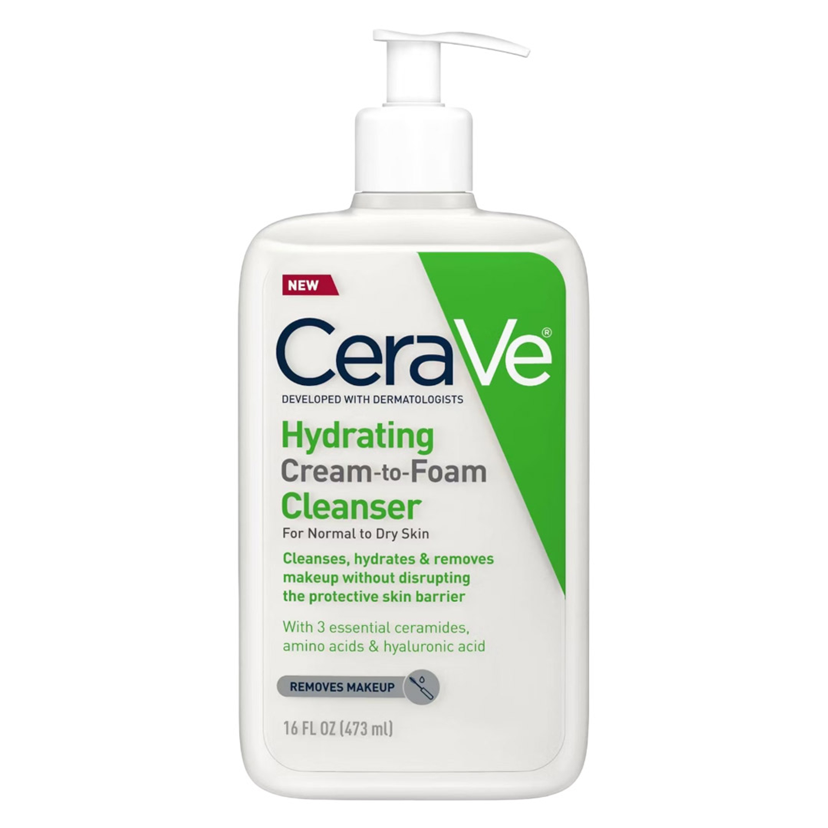 CeraVe Hydrating Cream-to-Foam Cleanser 16 fl.oz - Face Wash Removes Makeup with Hyaluronic Acid for Normal to Dry Skin 1