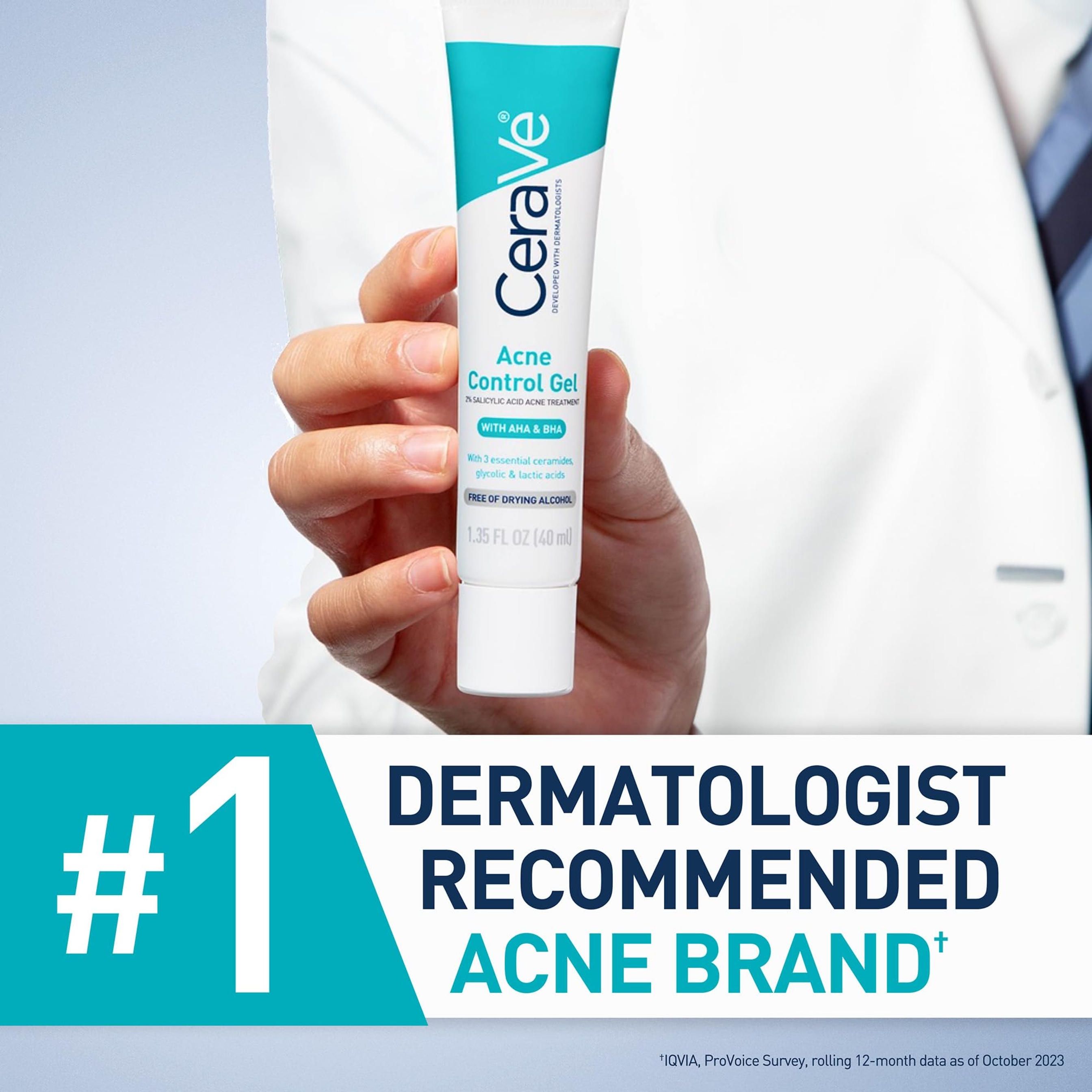 CeraVe Acne Control Gel, 2% Salicylic Acid Treatment With Glycolic Acid + Lactic Acids + Niacniamide, Acne Gel Helps Clear Blemishes Without Over Drying, Alcohol Free & Oil Free, 1.35 Fl Oz 5