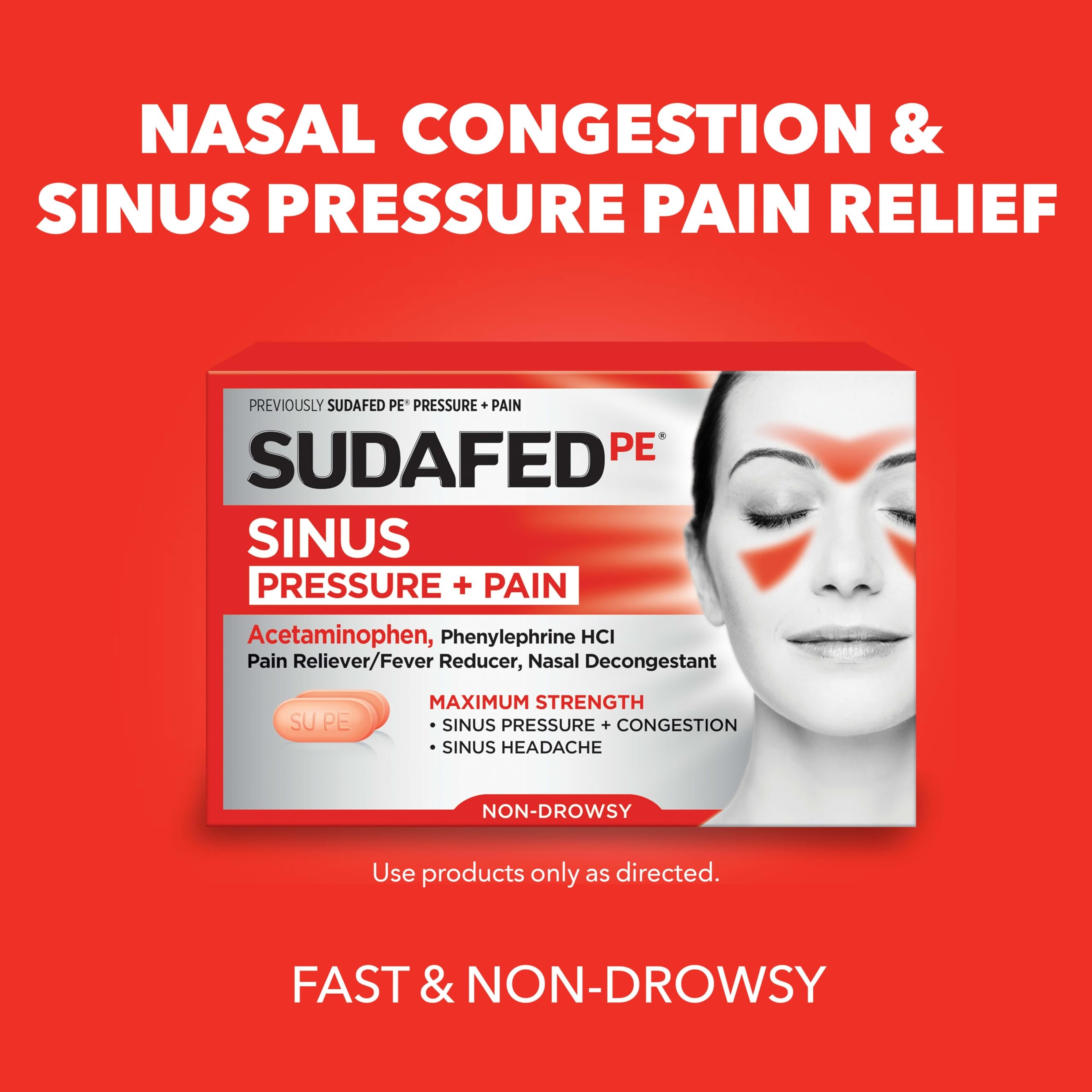 Sudafed PE Sinus Pressure Relief Plus Pain Relief Tablets, Maximum Strength, Non-Drowsy Decongestant, OTC Sinus Medicine with Acetaminophen and Phenylephrine HCl Nasal Decongestant, 24 CT 2