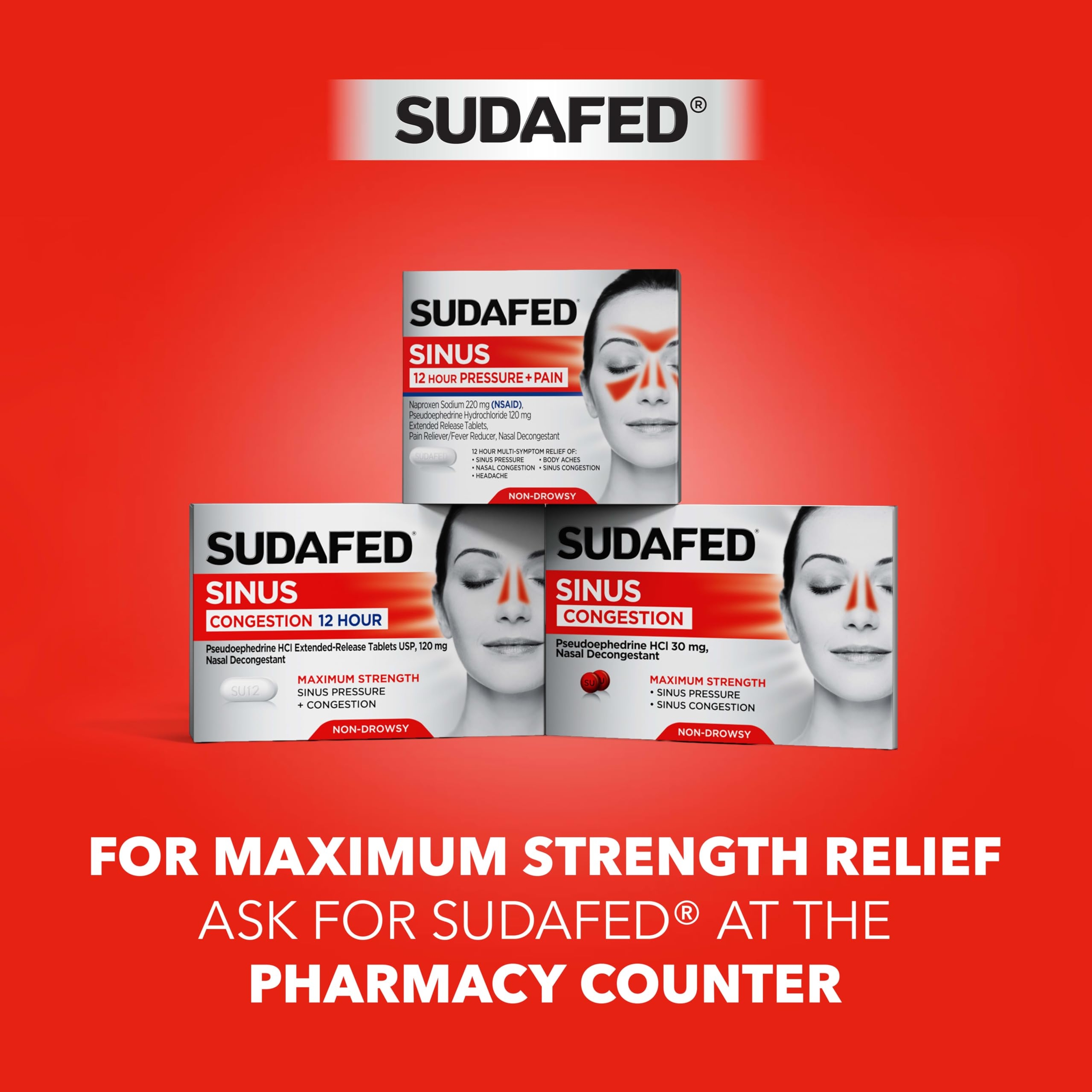 Sudafed PE Sinus Pressure Relief Plus Pain Relief Tablets, Maximum Strength, Non-Drowsy Decongestant, OTC Sinus Medicine with Acetaminophen and Phenylephrine HCl Nasal Decongestant, 24 CT 5