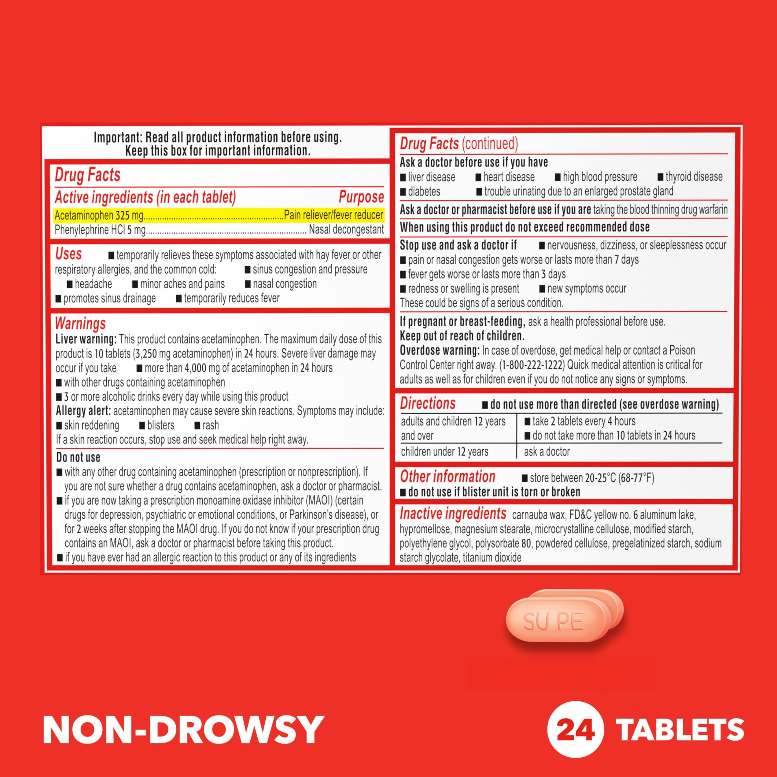 Sudafed PE Sinus Pressure Relief Plus Pain Relief Tablets, Maximum Strength, Non-Drowsy Decongestant, OTC Sinus Medicine with Acetaminophen and Phenylephrine HCl Nasal Decongestant, 24 CT 6