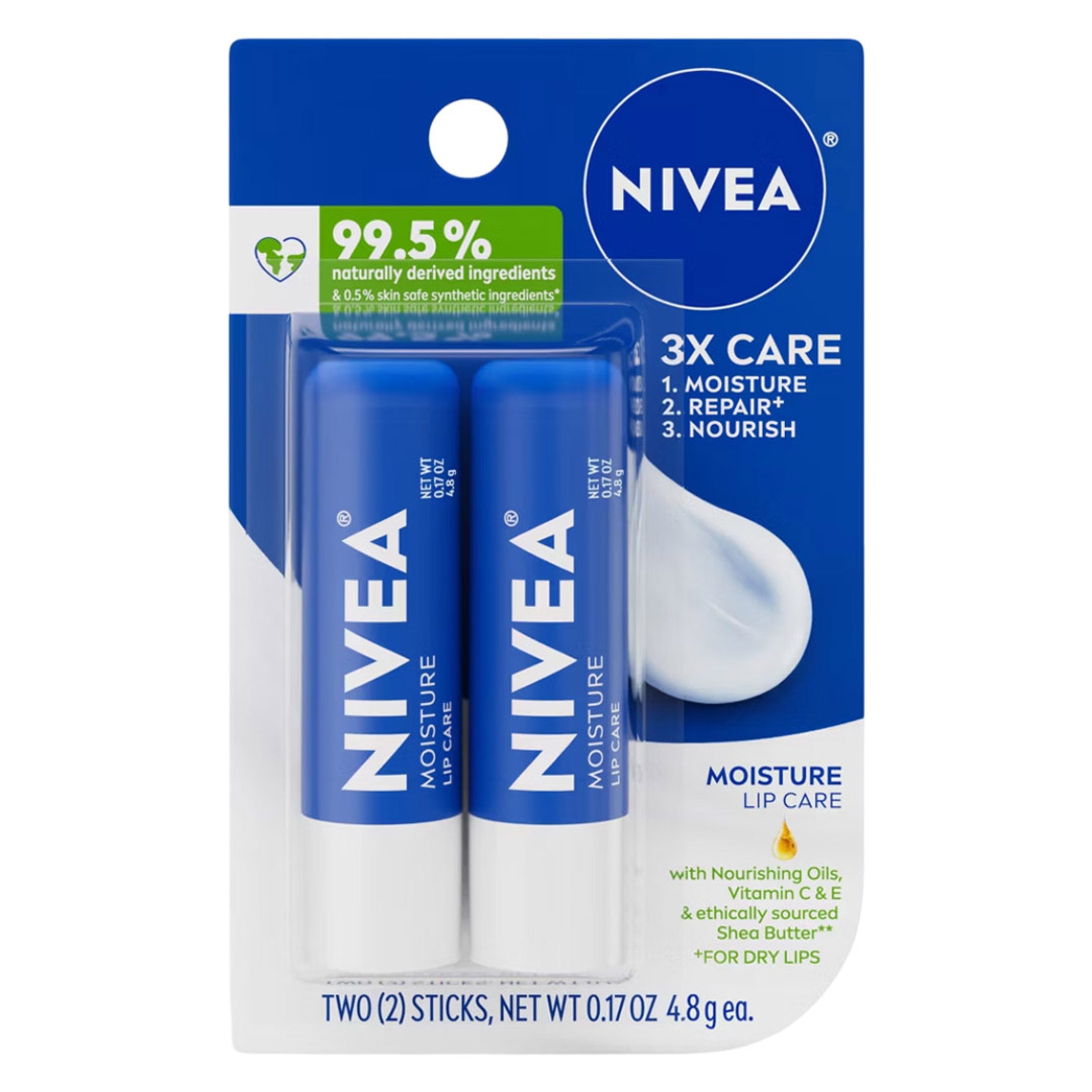 Nivea Moisture Lip Care 0.17 oz (Pack of 2) - Hydrating Lip Balms with Shea Butter, Repair Dry Lips 1