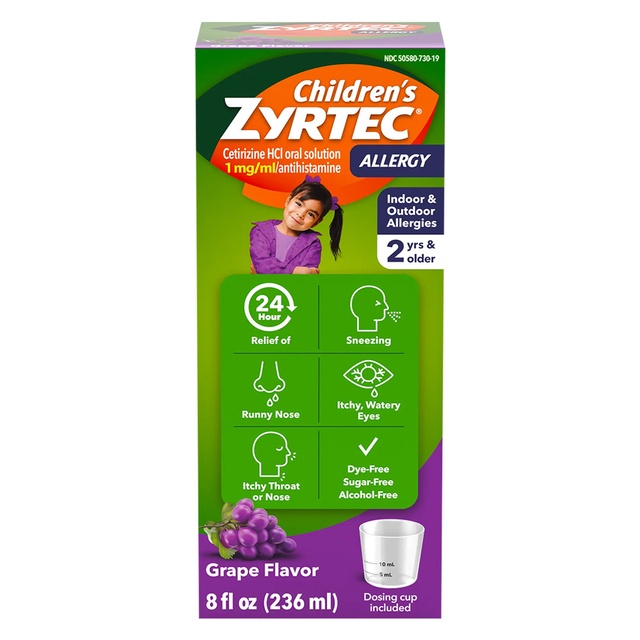 Children's Zyrtec Liquid, Kid's Antihistamine Syrup, Dye-, Sugar-, and Alcohol-Free, Pleasant Grape Flavor, Contains Cetirizine HCl Suitable for Ages 2 Years and Up, 8 fl oz Bottle