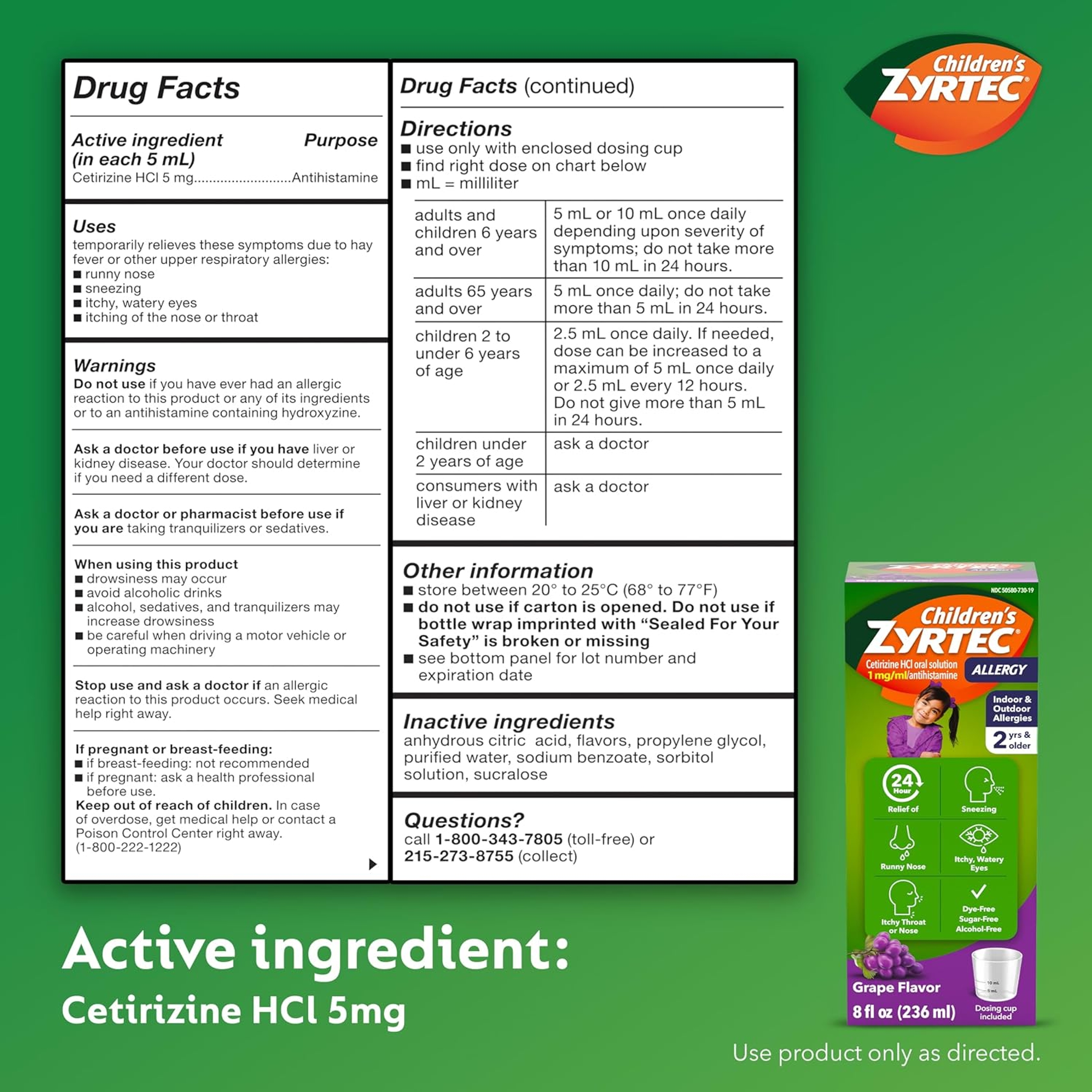 Children's Zyrtec Liquid, Kid's Antihistamine Syrup, Dye-, Sugar-, and Alcohol-Free, Pleasant Grape Flavor, Contains Cetirizine HCl Suitable for Ages 2 Years and Up, 8 fl oz Bottle 7