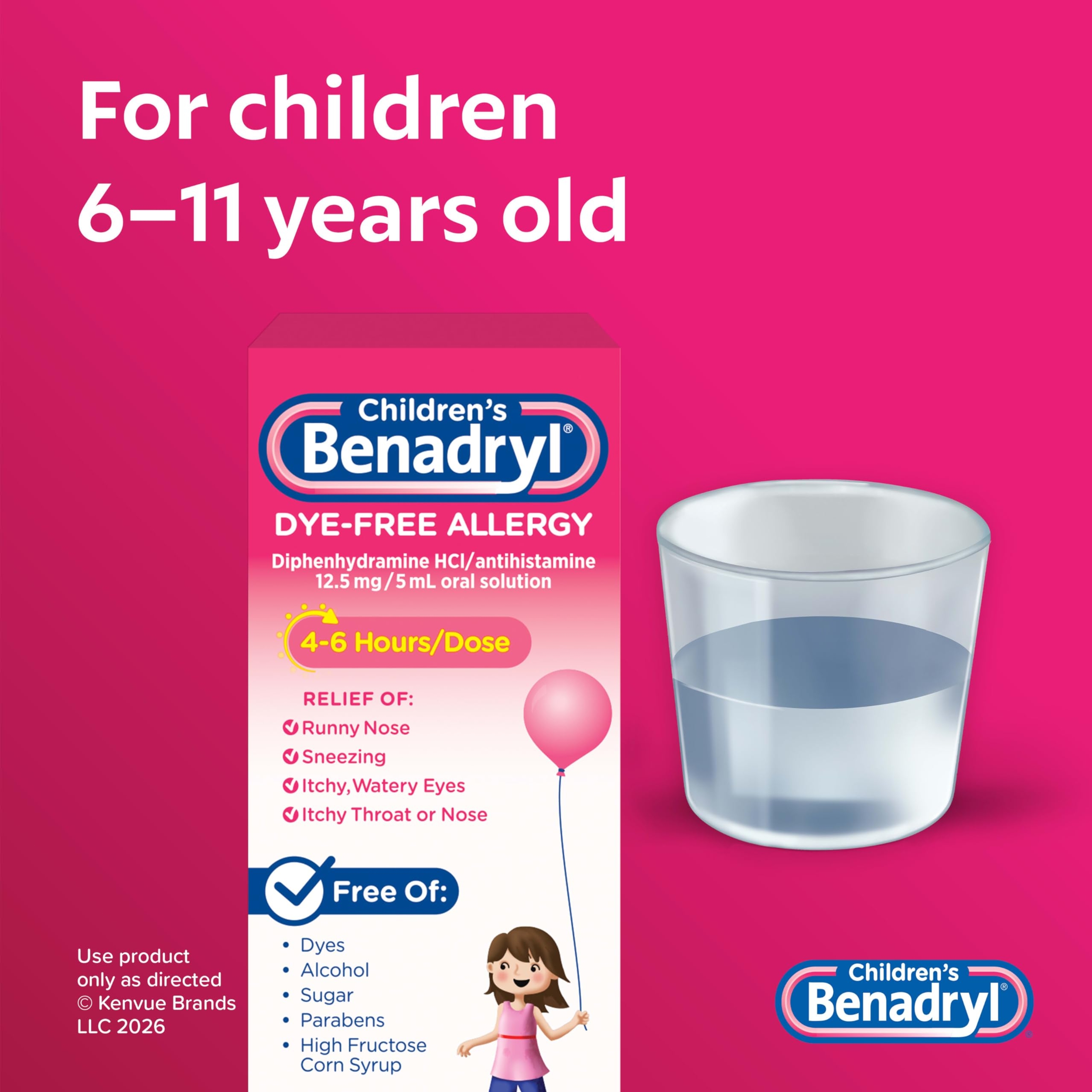 Children’s Benadryl Dye-Free Allergy Liquid, Bubble Gum Flavor, 4 fl.oz  - Antihistamine Allergy Relief Medicine for Kids 4