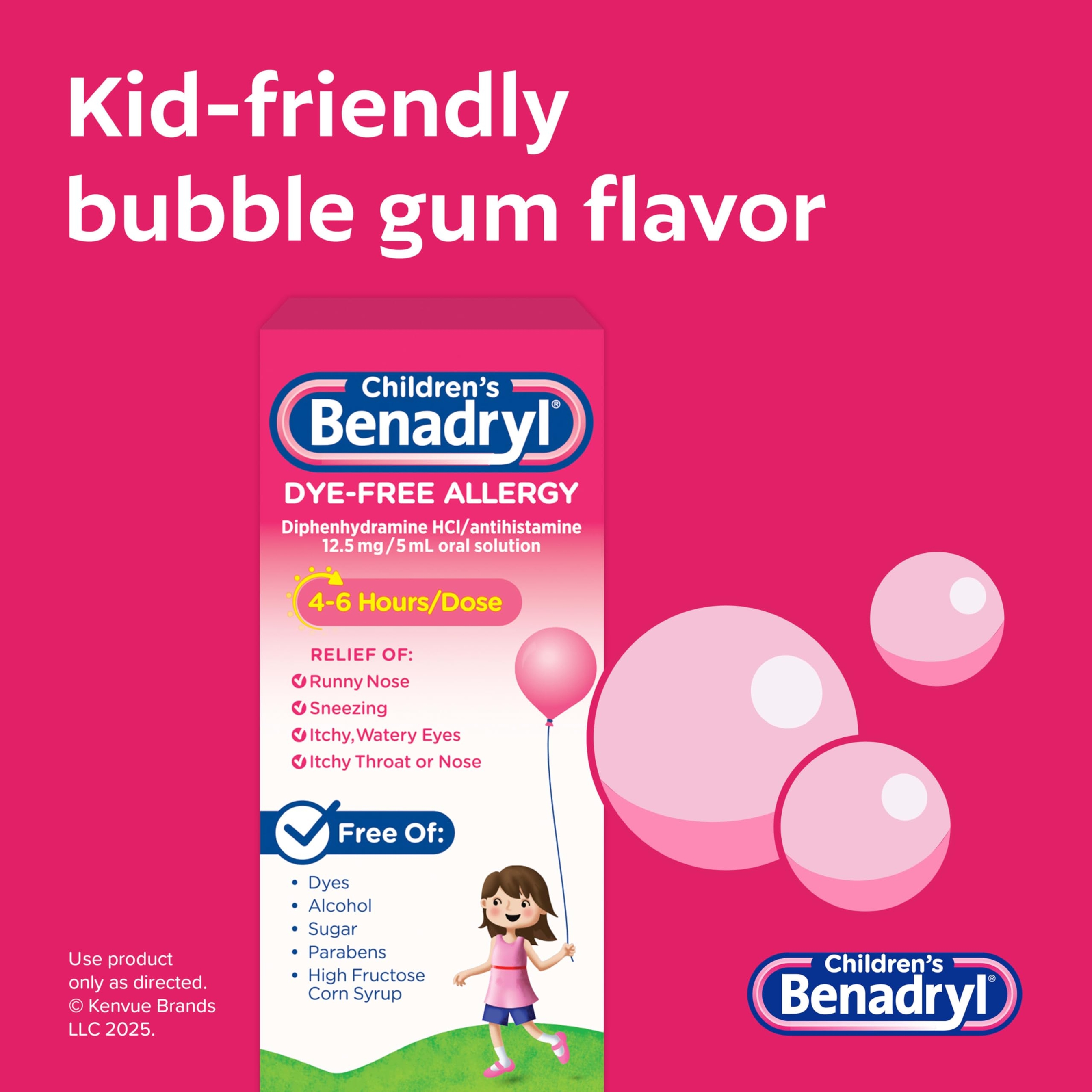 Children’s Benadryl Dye-Free Allergy Liquid, Bubble Gum Flavor, 4 fl.oz  - Antihistamine Allergy Relief Medicine for Kids 6