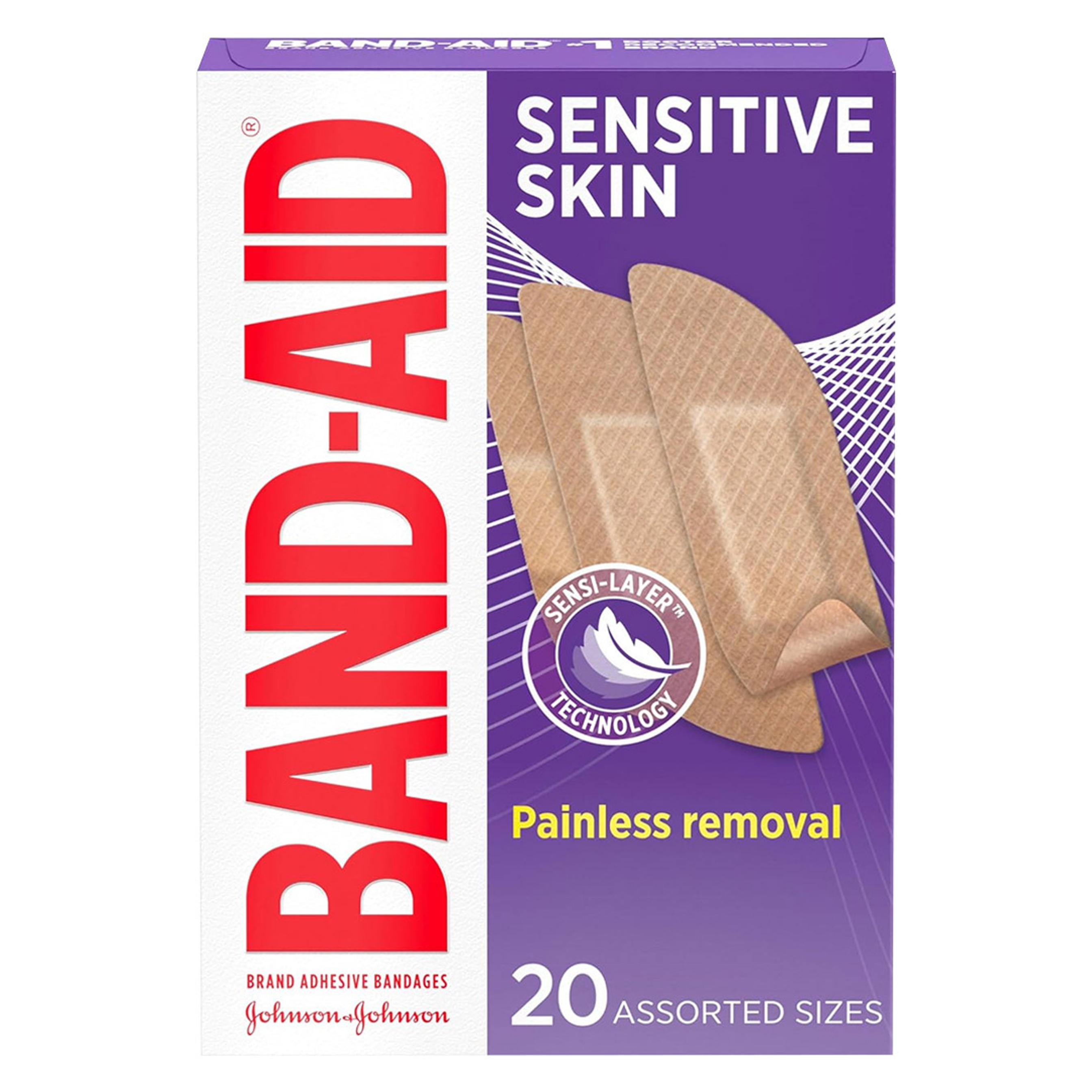 Band-Aid Brand Adhesive Bandages for Sensitive Skin, Assorted Sizes, 20 Count - Hypoallergenic with Painless Removal 1