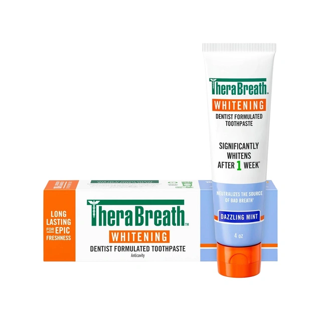 TheraBreath Whitening Toothpaste, Dazzling Mint, 4 oz - Gentle Peroxide-Free, Teeth Whitening After 1 Week