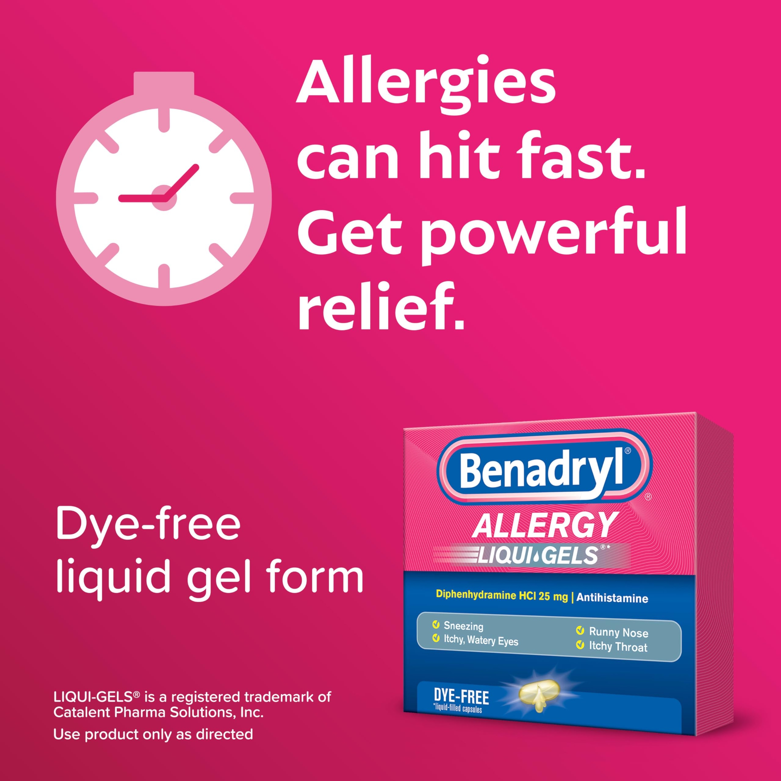 Benadryl Liqui-Gels Allergy Medicine 48 Count - Dye-Free Liquid Gel Capsules with 25mg of Diphenhydramine HCl 2