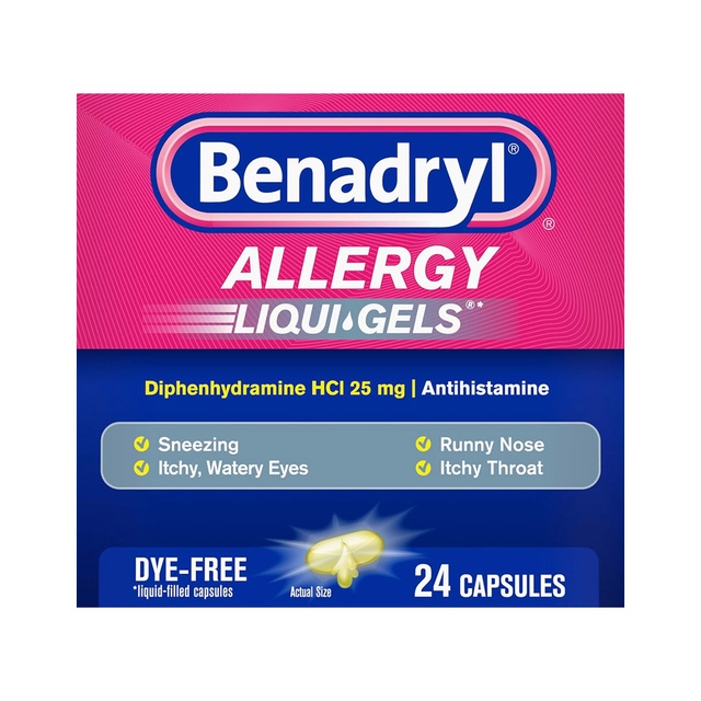 Benadryl Liqui-Gels Allergy Medicine 24 Count - Dye-Free Liquid Gel Capsules with 25mg of Diphenhydramine HCl