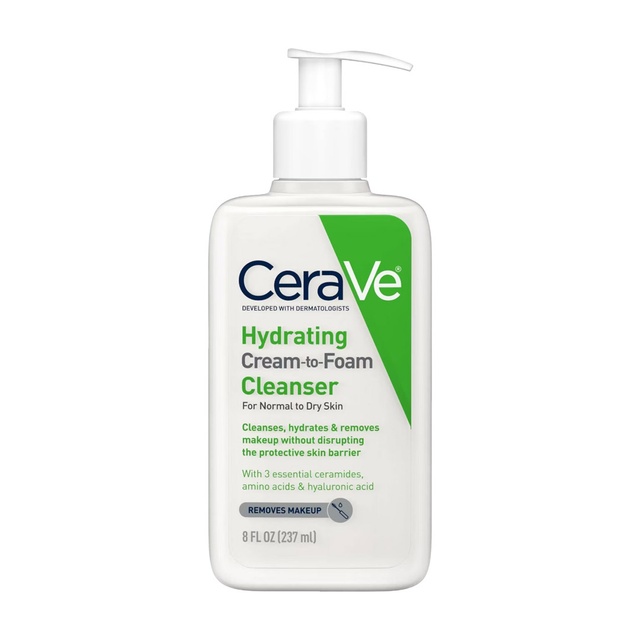 CeraVe Hydrating Cream To Foam Cleanser, Makeup Remover Face Wash For Dry Skin, Foaming Facial Cleanser With Hyaluronic Acid, Normal To Dry Skin, Fragrance Free & Non Comedogenic, 8 Fluid Ounces