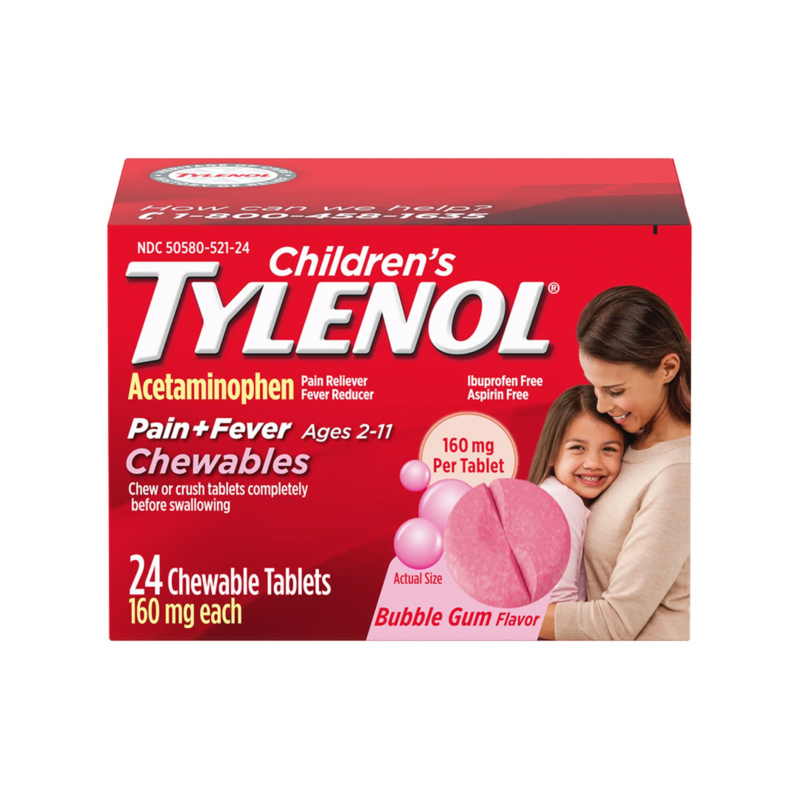 Children's Tylenol Chewables with 160 mg Acetaminophen, Pain Reliever & Fever Reducer for Kids' Cold + Flu Symptoms, Headache, Sore Throat & Toothache, Aspirin-Free, Bubble Gum, 24 ct 1