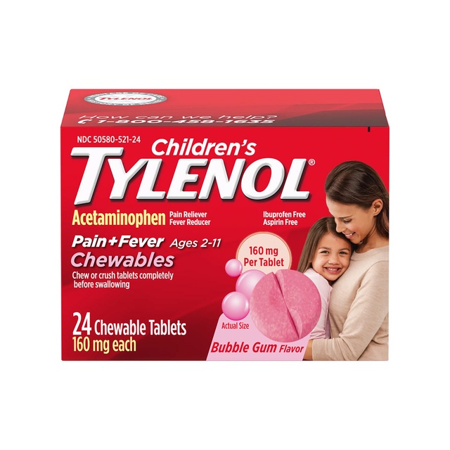 Children's Tylenol Chewables with 160 mg Acetaminophen, Pain Reliever & Fever Reducer for Kids' Cold + Flu Symptoms, Headache, Sore Throat & Toothache, Aspirin-Free, Bubble Gum, 24 ct