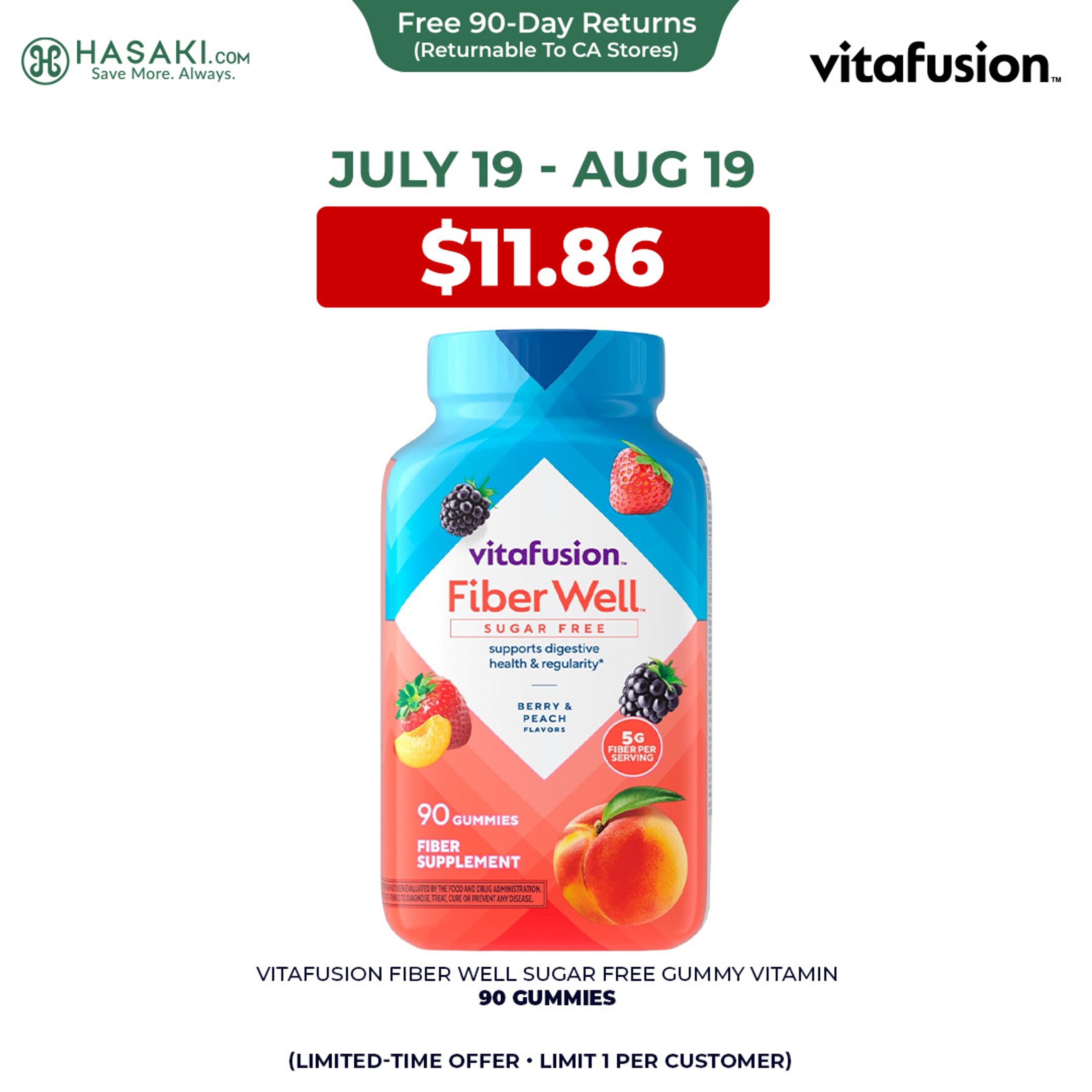 Vitafusion Fiber Well Sugar Free Gummy Vitamin 90 Gummies - Sugar Free Adult Gummy, Berry & Peach Flavors 1