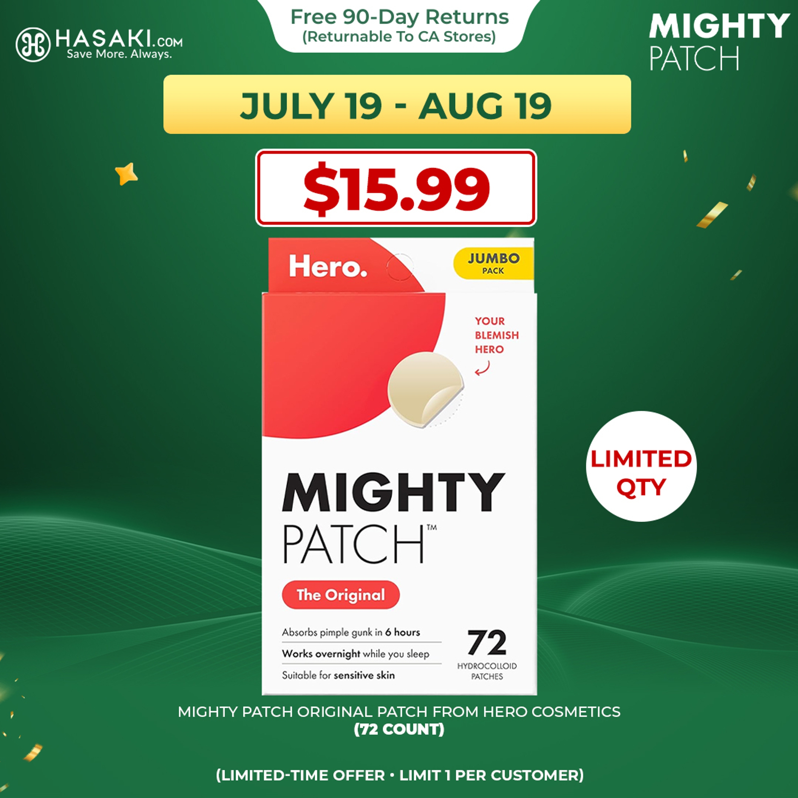 Mighty Patch Hero Cosmetics Original Patch 72 Count - Nighttime Hydrocolloid Acne Pimple Patches 1