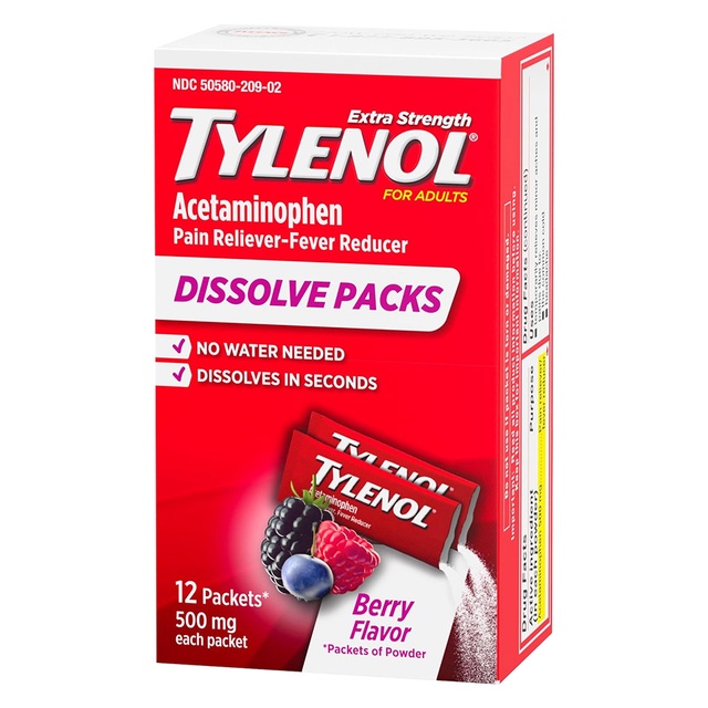 Tylenol Extra Strength Dissolve Packs, 500 mg Acetaminophen Pain Reliever & Fever Reducer, On-the-Go Powder Packets for Minor Aches & Pains, Ibuprofen- & Aspirin-Free, Berry Flavor, 12 ct
