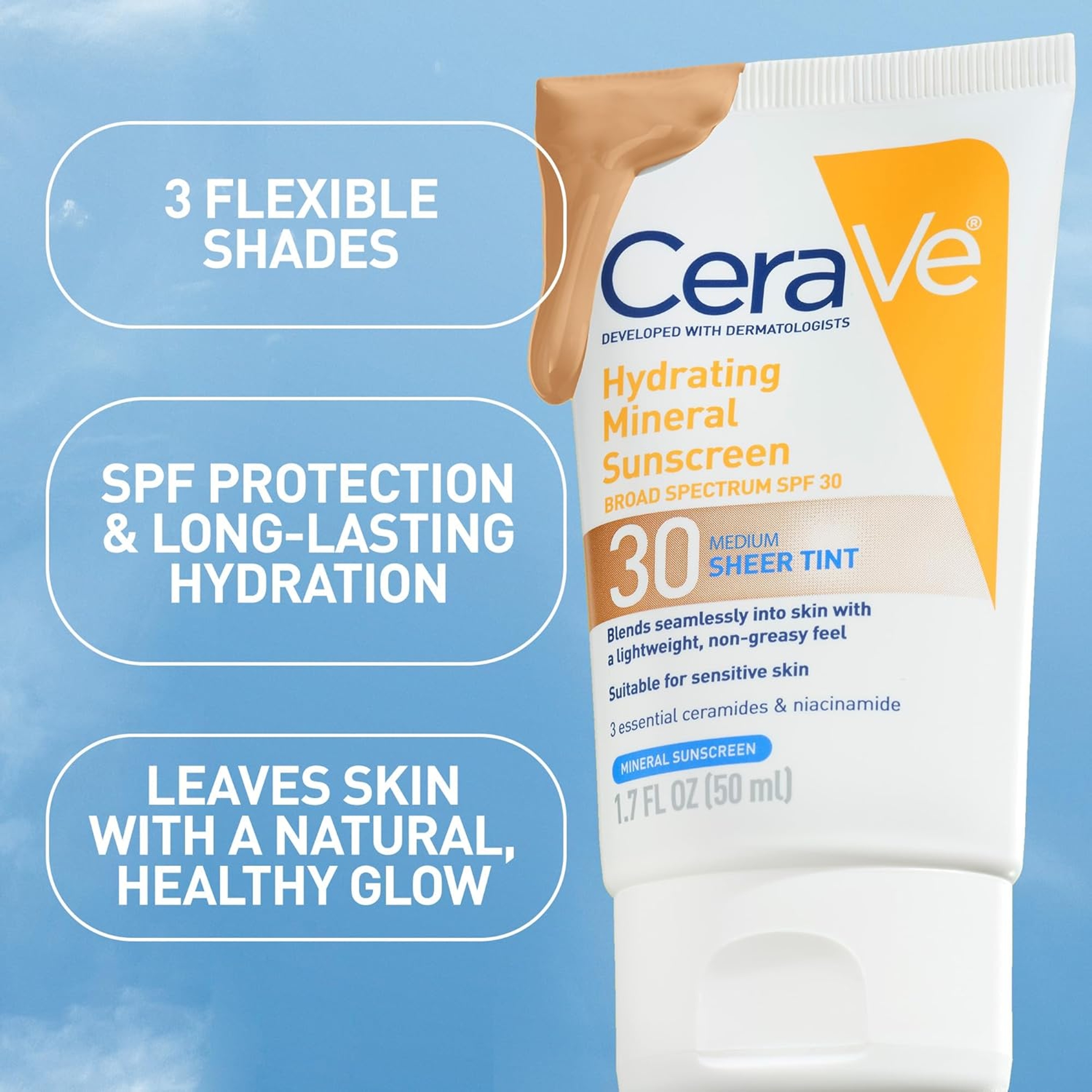 CeraVe Hydrating Mineral Sunscreen SPF30 Sheer Tint, Medium, 1.7 fl.oz - Lightweight, Non-Greasy Finish 6