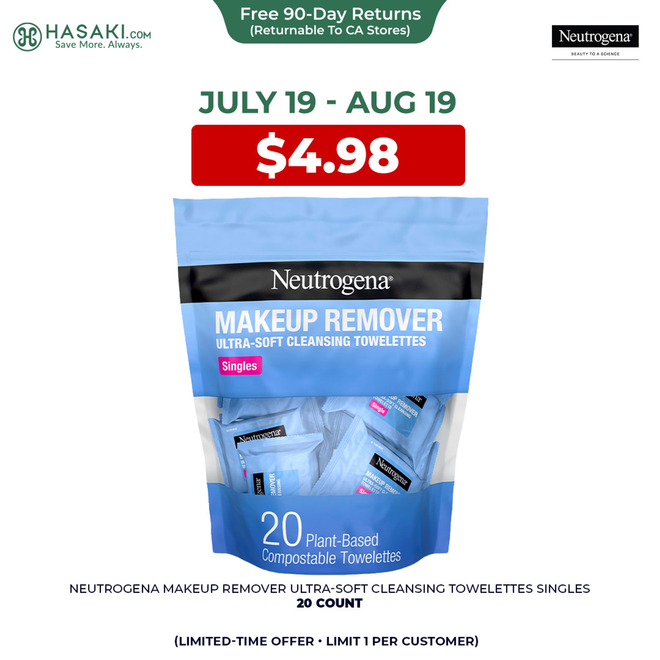 Neutrogena Makeup Remover Cleansing Towelette Singles 20 Count - Gently Remove Dirt, Oil & Makeup 1
