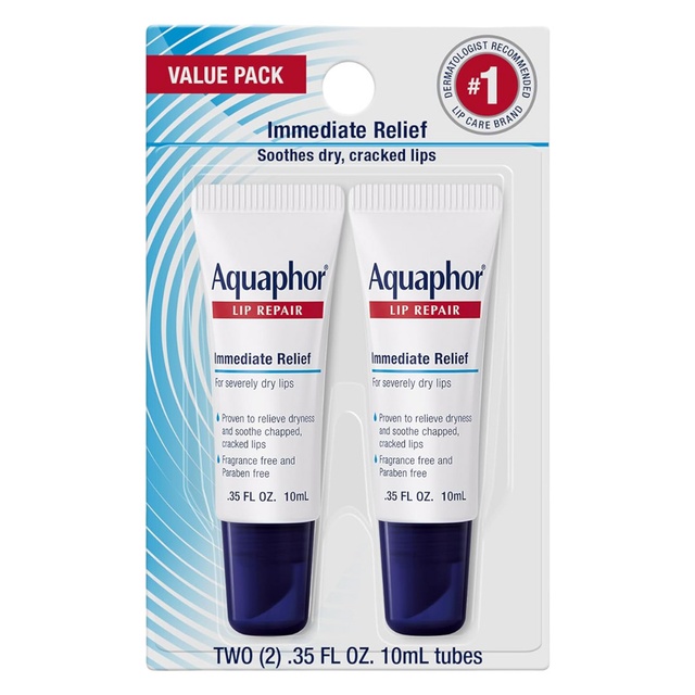 Aquaphor Lip Repair Ointment 0.35 fl.oz (Pack of 2) - Long-Lasting Moisture to Soothe Dry Chapped Lips