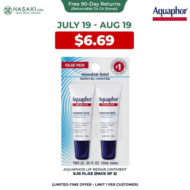 Aquaphor Lip Repair Ointment 0.35 fl.oz (Pack of 2) - Long-Lasting Moisture to Soothe Dry Chapped Lips
