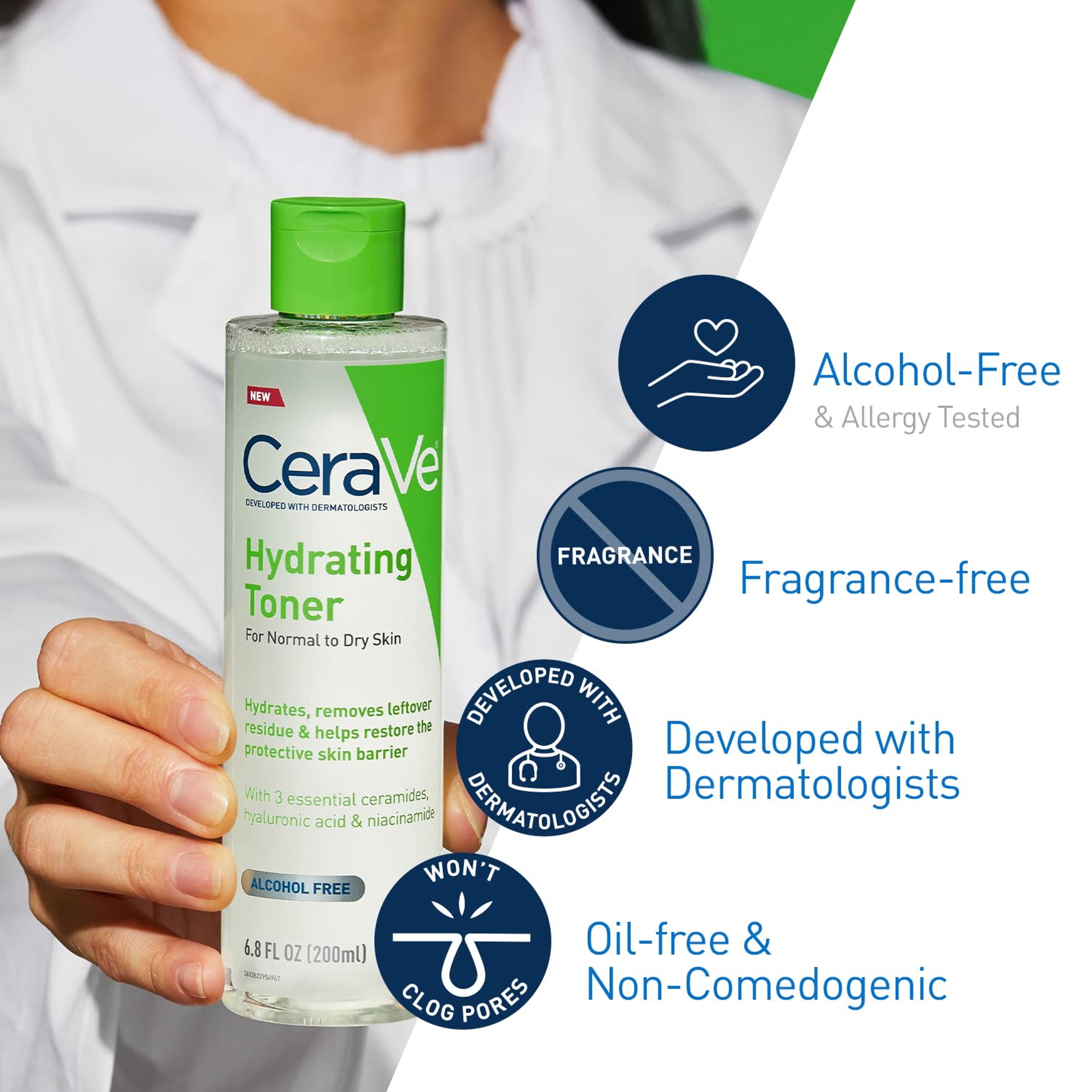 CeraVe Hydrating Toner for Face Non-Alcoholic with Hyaluronic Acid, Niacinamide, and Ceramides for Sensitive Dry Skin, Fragrance-Free Non Comedogenic, Full Size, 6.8 Fl Oz 4