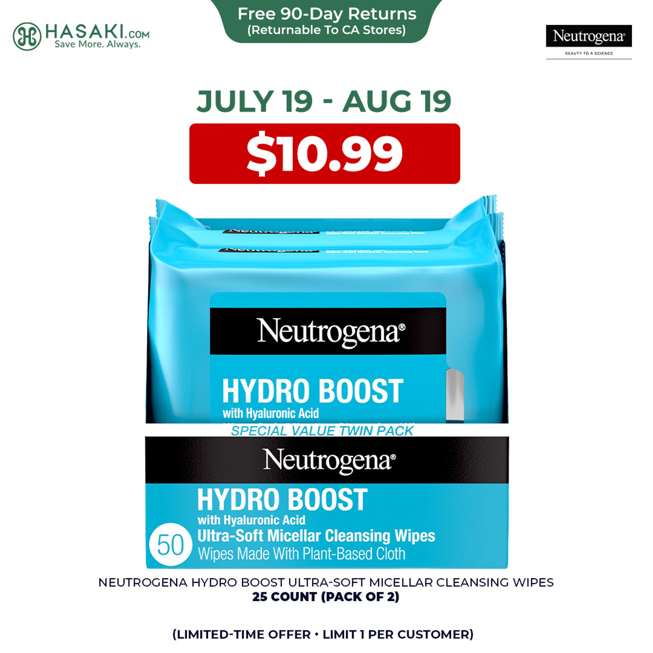 Neutrogena Hydro Boost Ultra-Soft Micellar Cleansing Wipes 25 Count (Pack of 2) - Gently Cleanses Skin Daily with HA 1