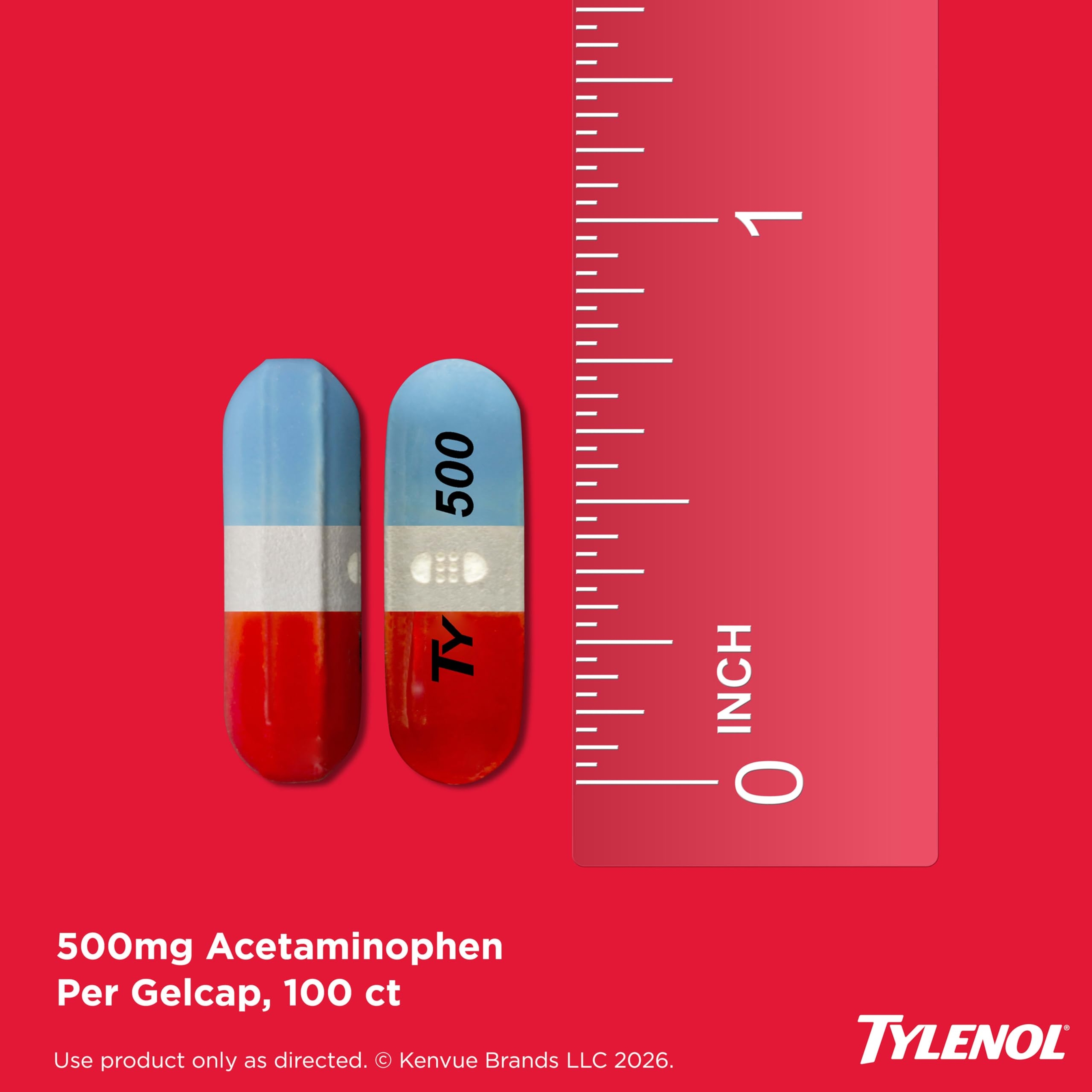 Tylenol Rapid Release Extra Strength Gelcaps, Acetaminophen 500 mg per Gel, Laser Drilled Holes Allow Fast, Strong Pain Relief, Fever Reducer, Gentle on Stomach, 100 Count Size 5