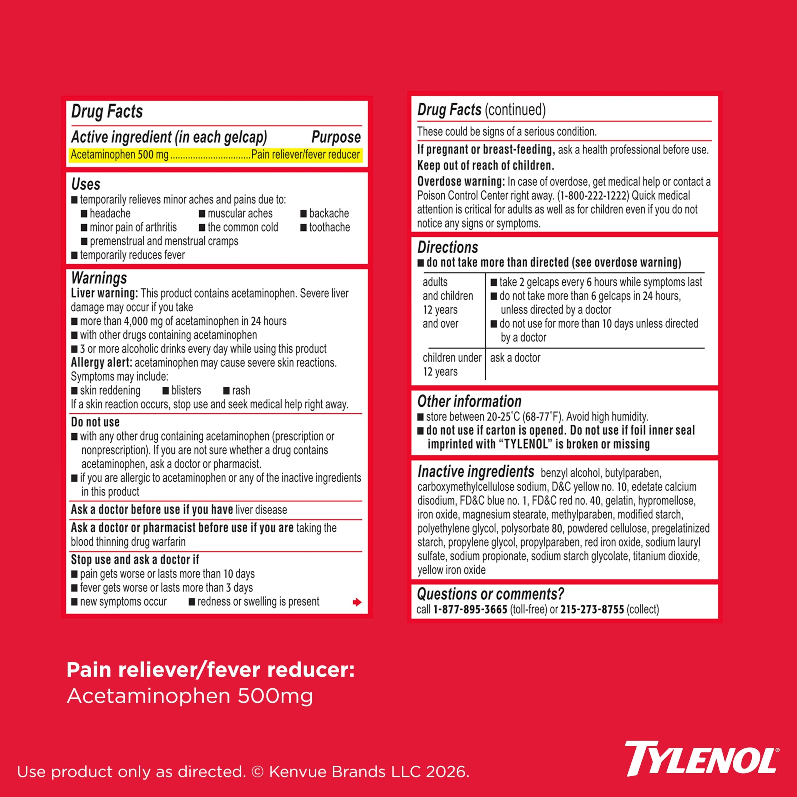 Tylenol Rapid Release Extra Strength Gelcaps, Acetaminophen 500 mg per Gel, Laser Drilled Holes Allow Fast, Strong Pain Relief, Fever Reducer, Gentle on Stomach, 100 Count Size 8