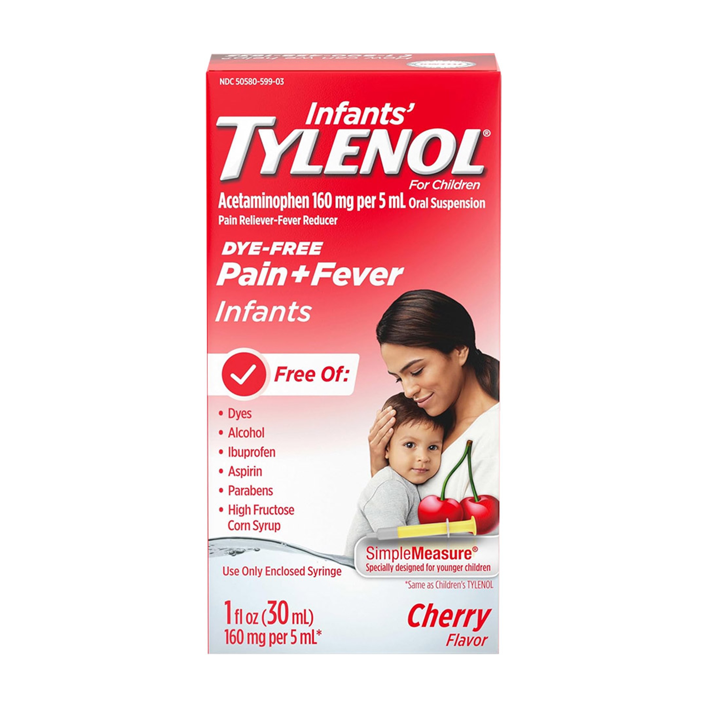 Infants' Tylenol Oral Suspension Liquid Medicine with Acetaminophen, Baby Fever Reducer & Pain Reliever for Minor Aches & Pains, Sore Throat, Headache & Teething Pain, Dye-Free Cherry, 1 fl. oz 1