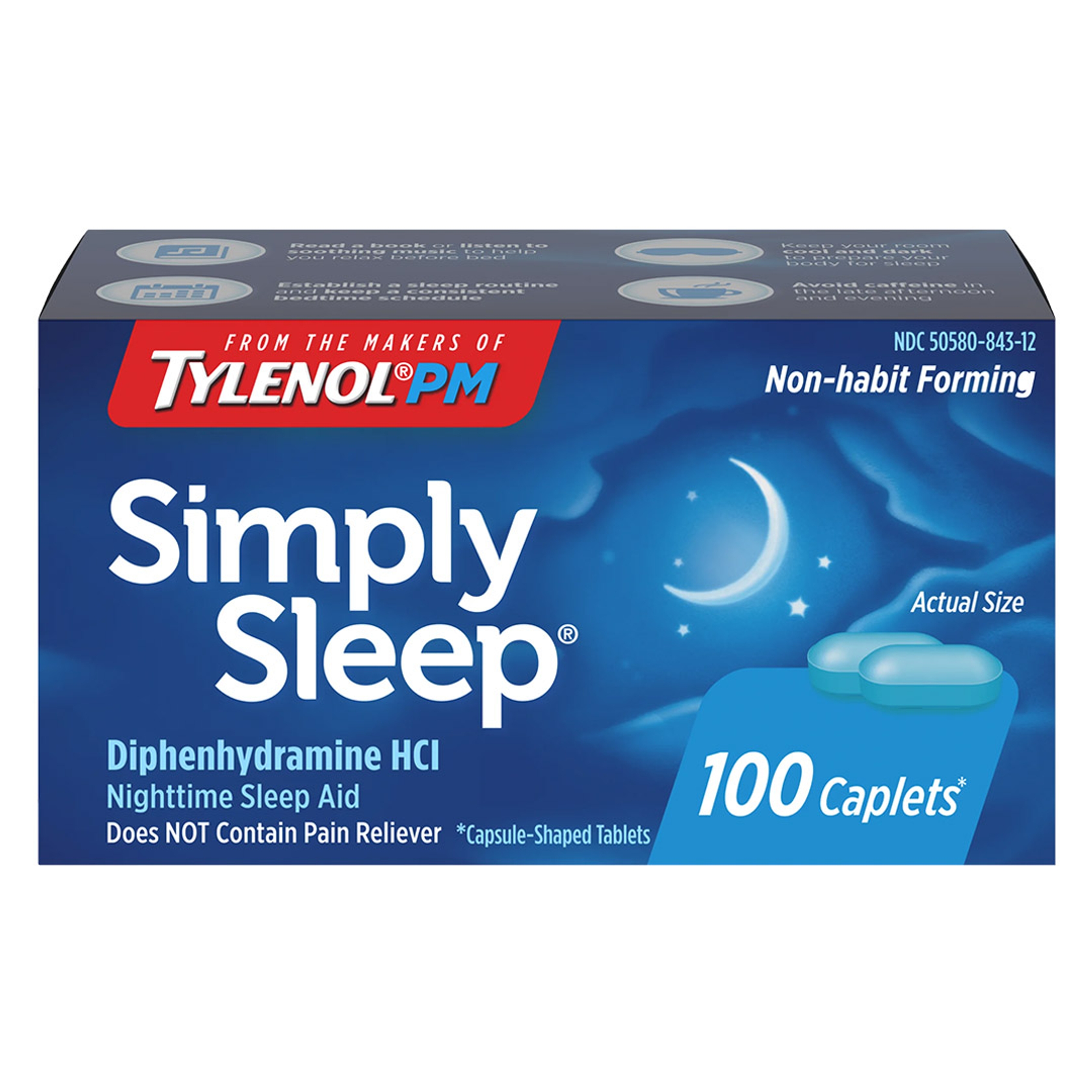 Tylenol Simply Sleep Nighttime Sleep Aid Caplets, 25 mg Diphenhydramine HCl, Non-Habit Forming Sleep Aid for Adults, 100 Count 1