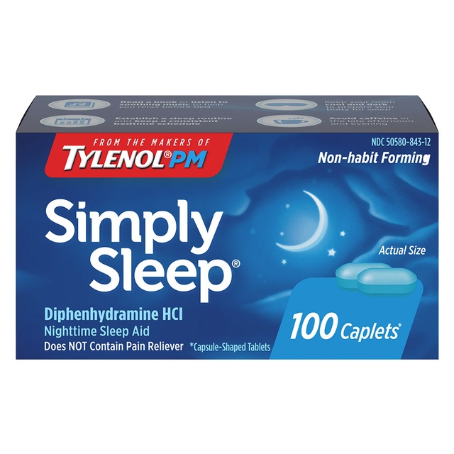 Tylenol Simply Sleep Nighttime Sleep Aid Caplets, 25 mg Diphenhydramine HCl, Non-Habit Forming Sleep Aid for Adults, 100 Count