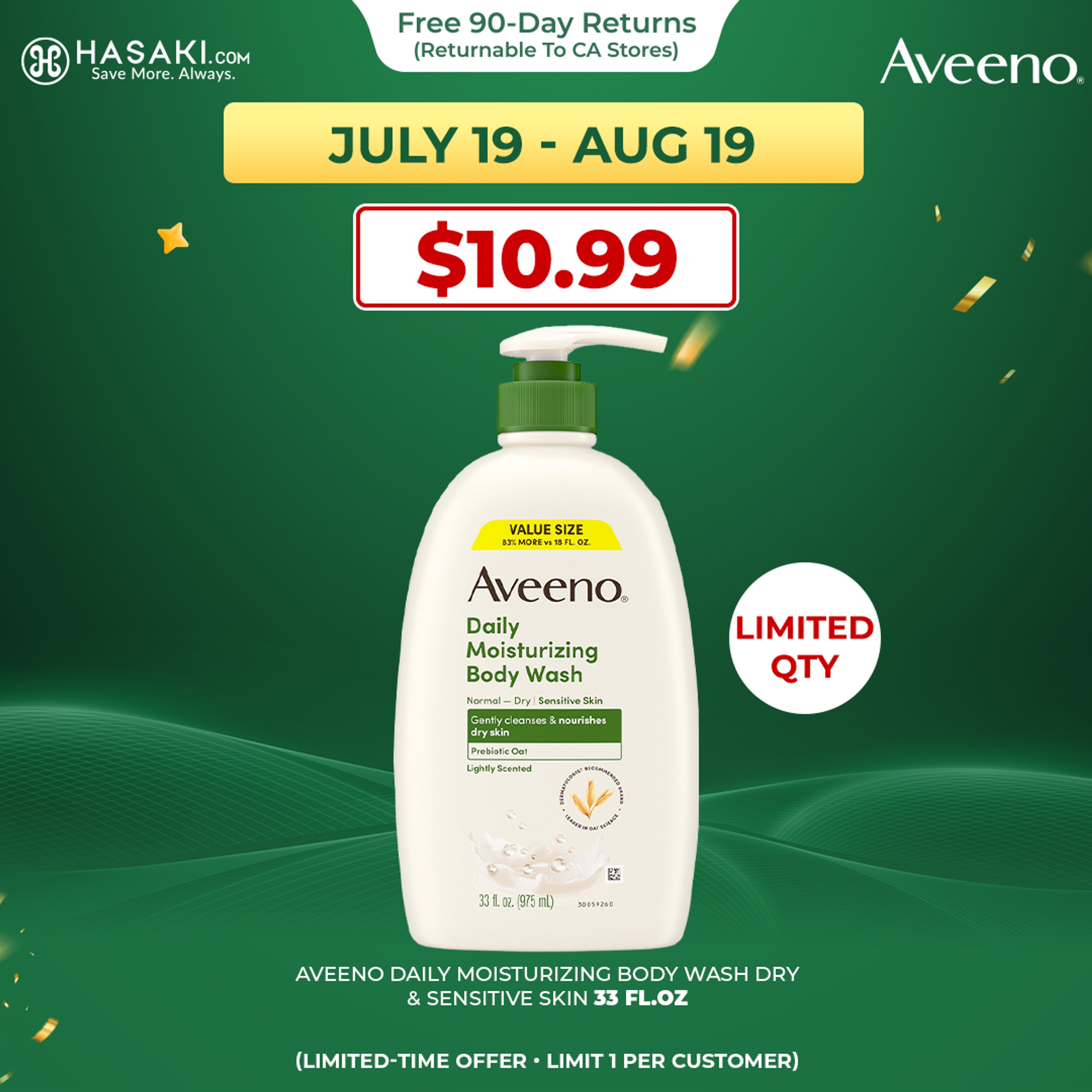 Aveeno Daily Moisturizing Oat Body Wash 33 fl.oz - Sensitive Formula for Normal to Dry Skin 1